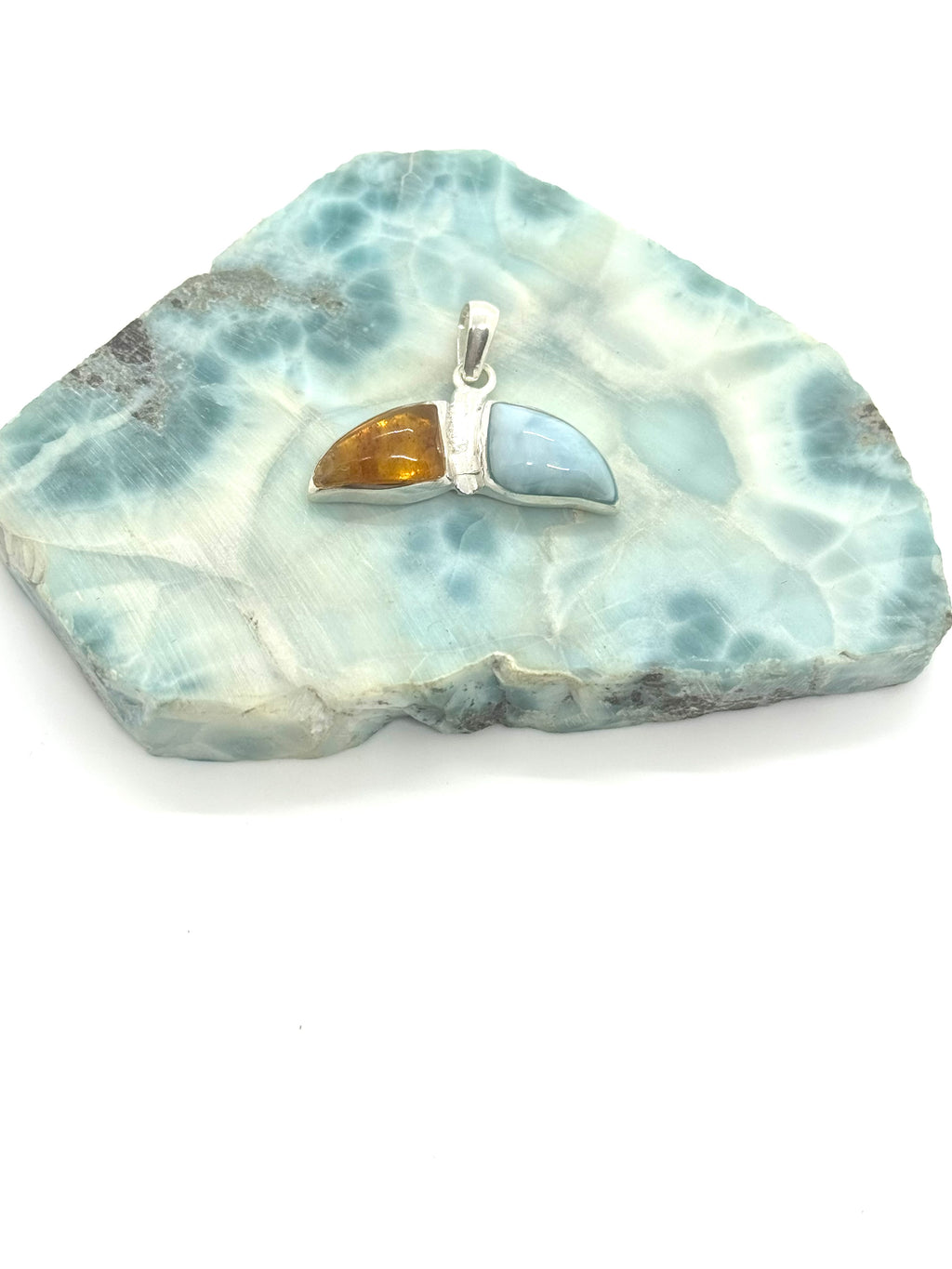 Amber and Larimar whale tail pendant