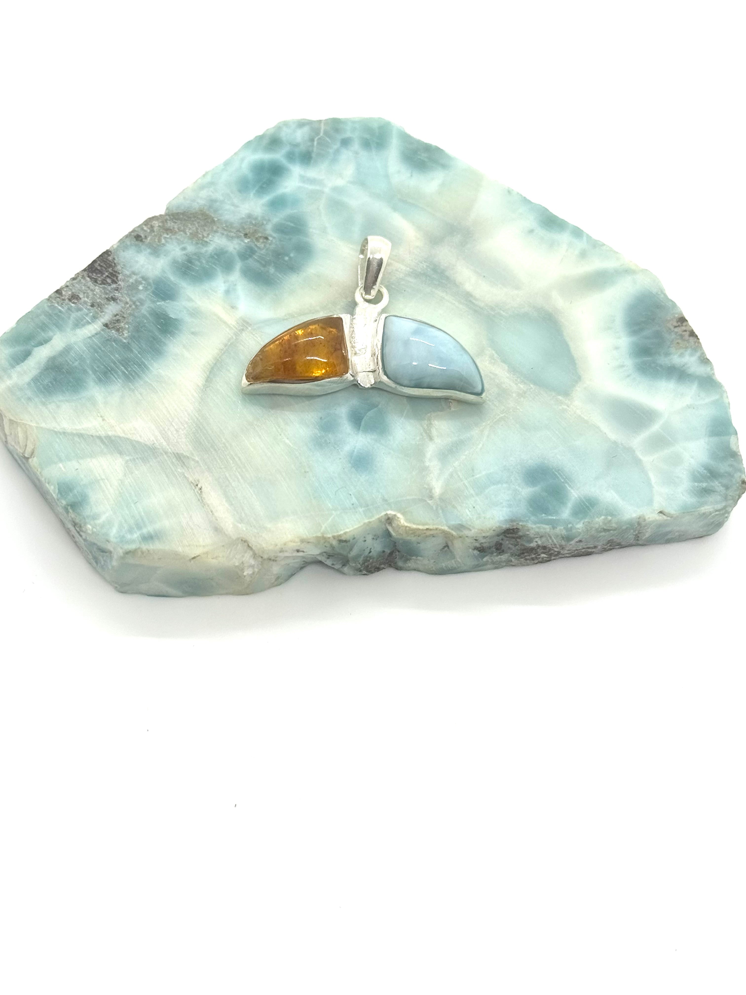 Amber and Larimar whale tail pendant