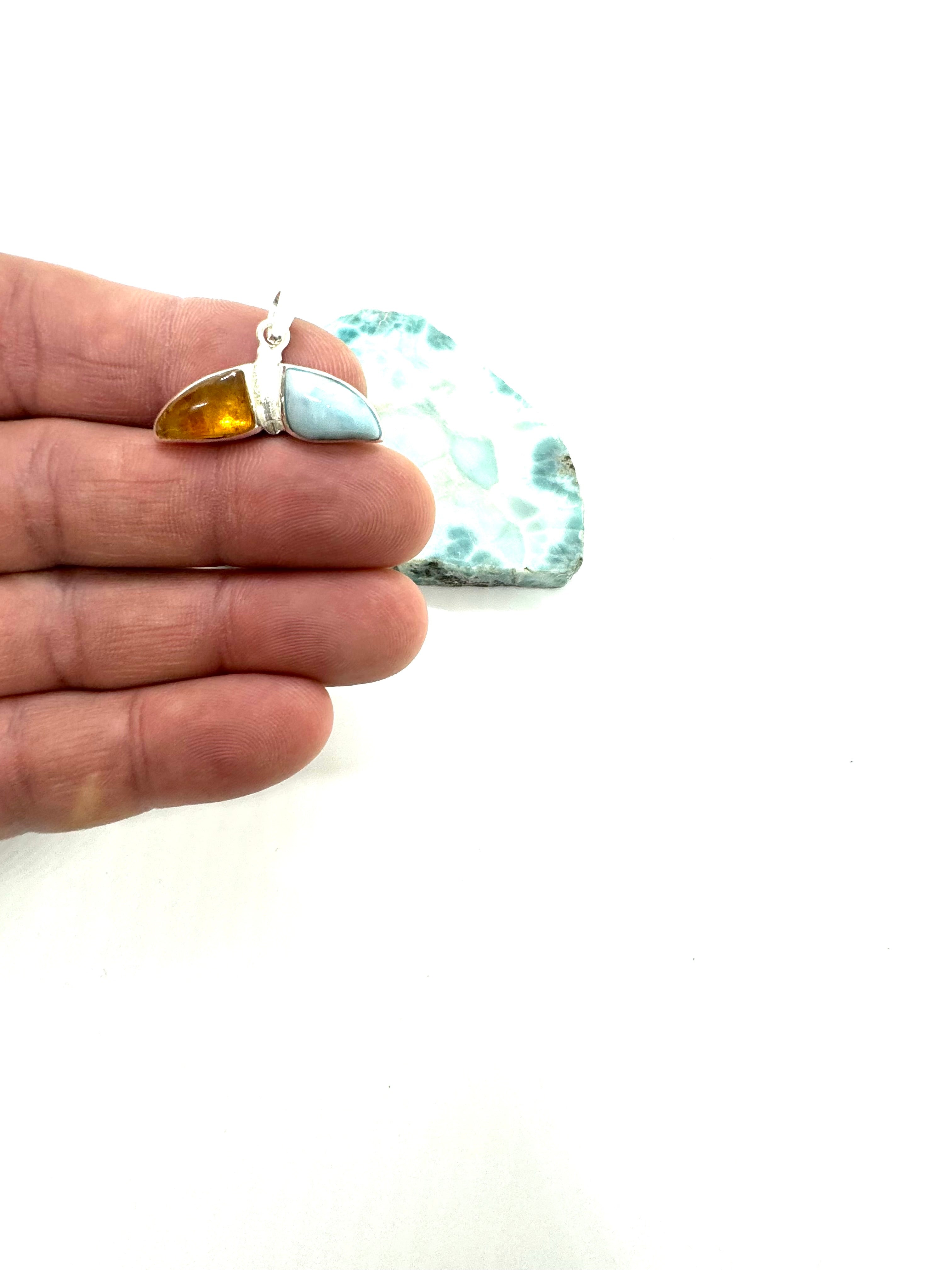 Amber and Larimar whale tail pendant