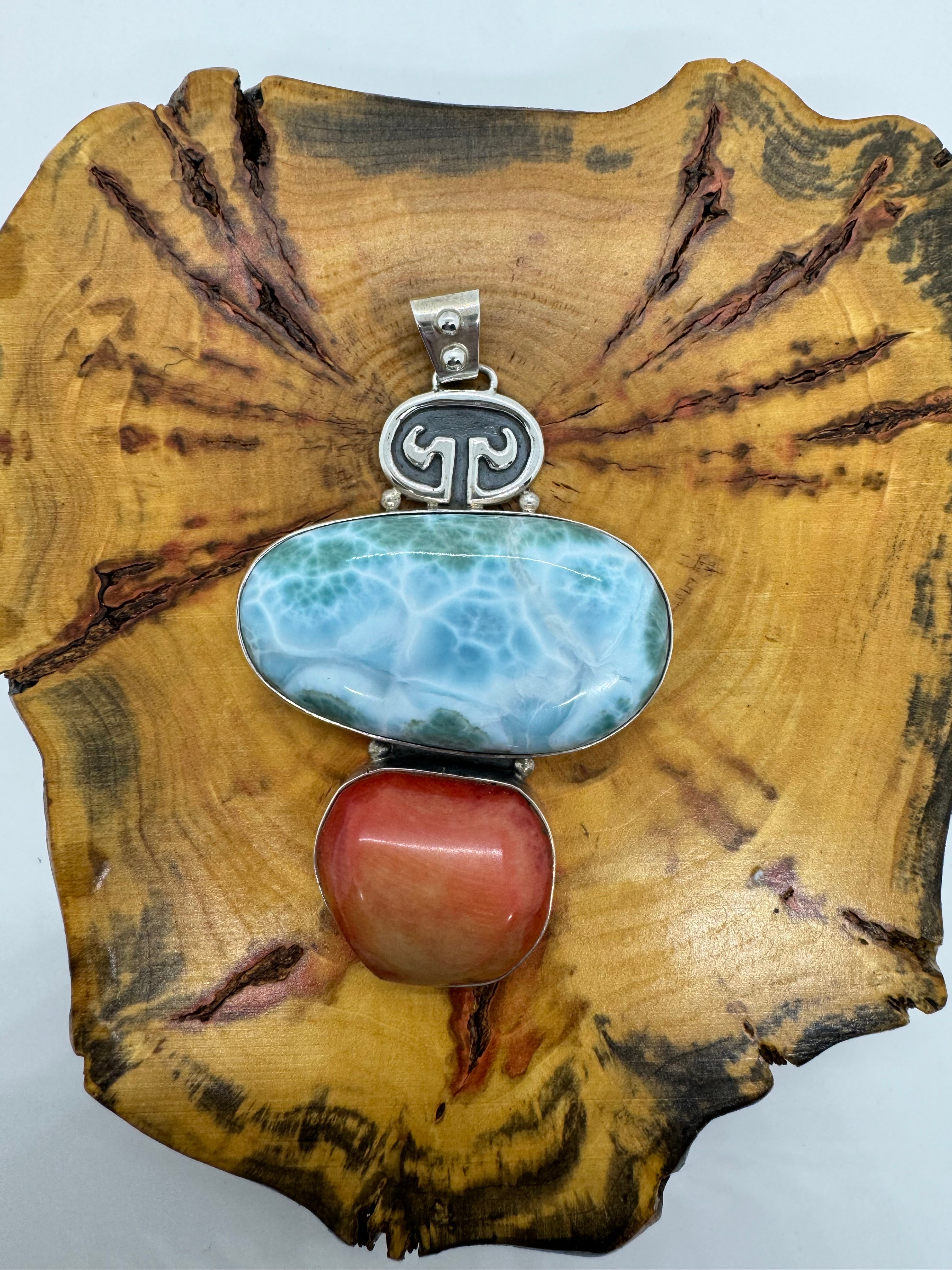 Larimar and red coral petroglyph pendant