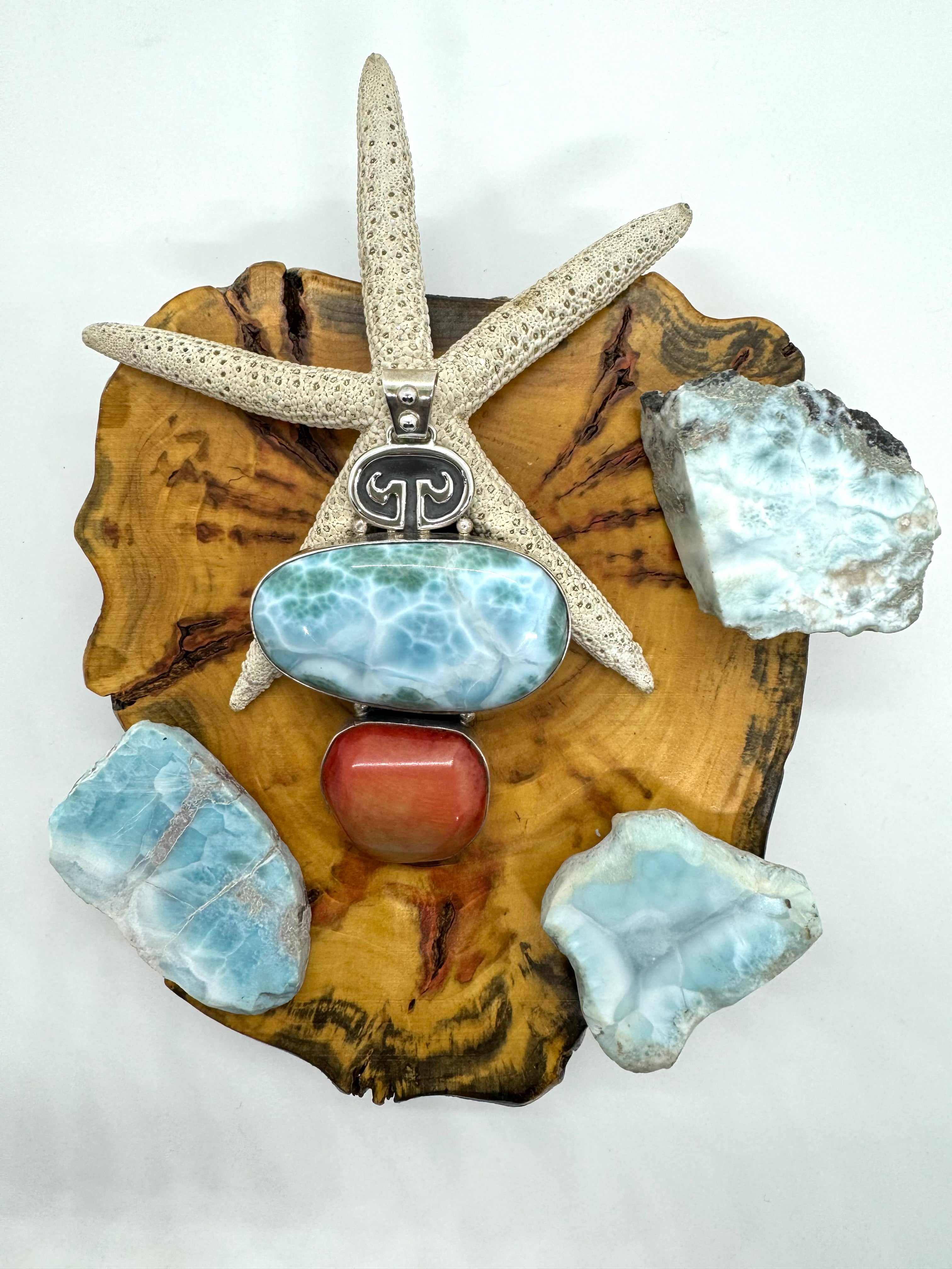 Larimar and red coral petroglyph pendant