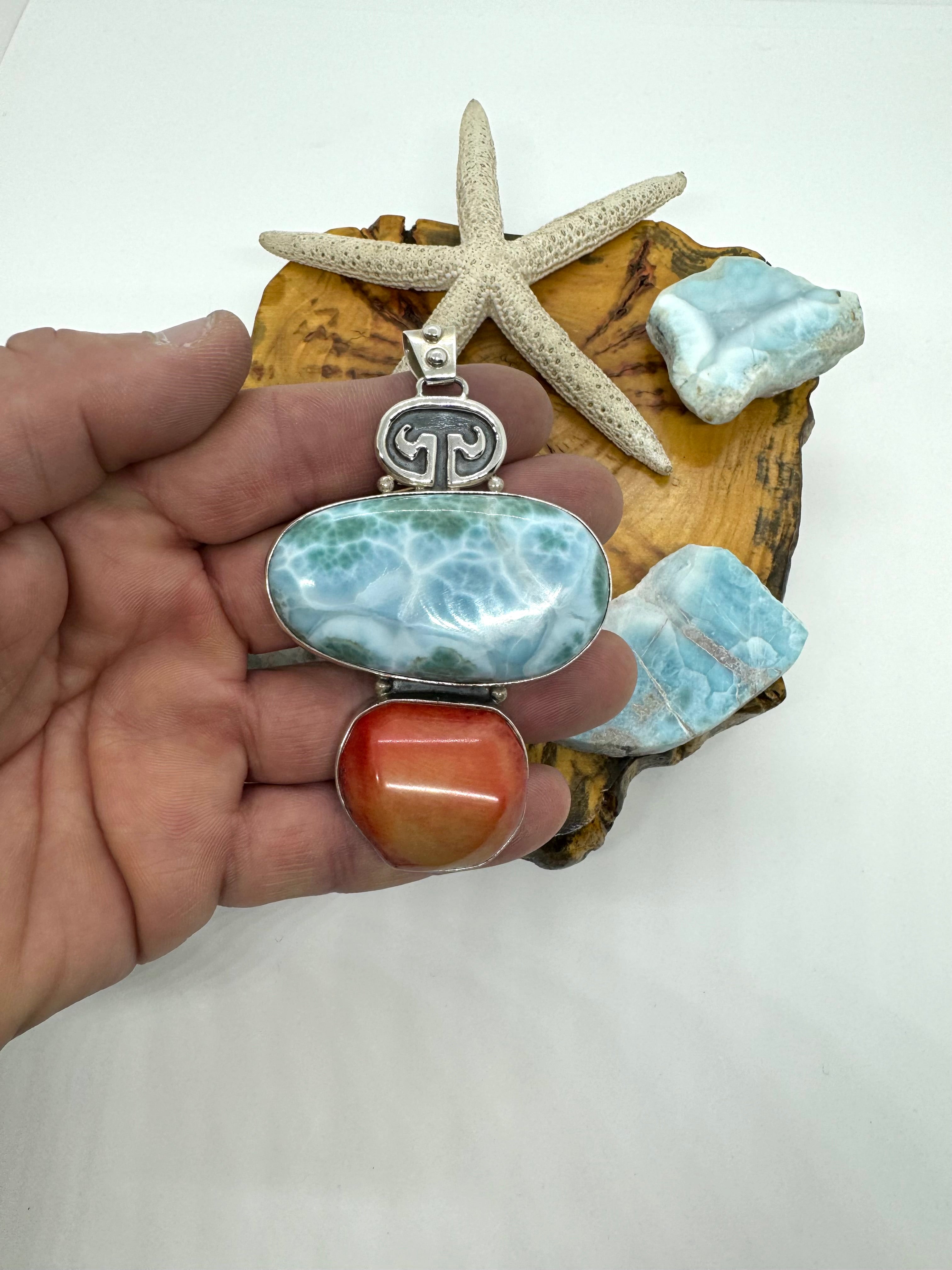 Larimar and red coral petroglyph pendant