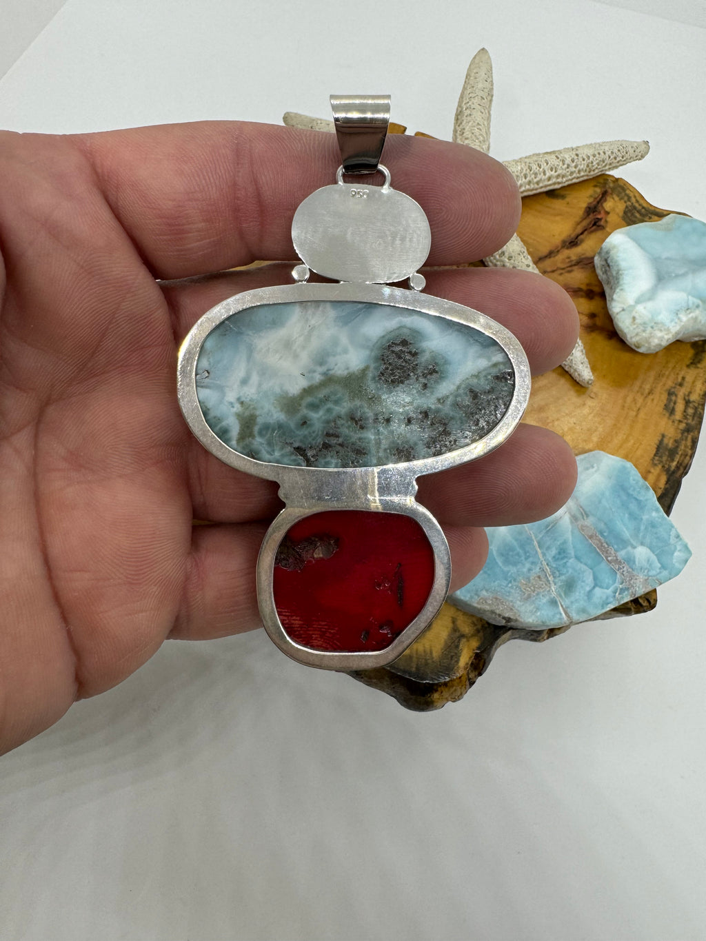 Larimar and red coral petroglyph pendant