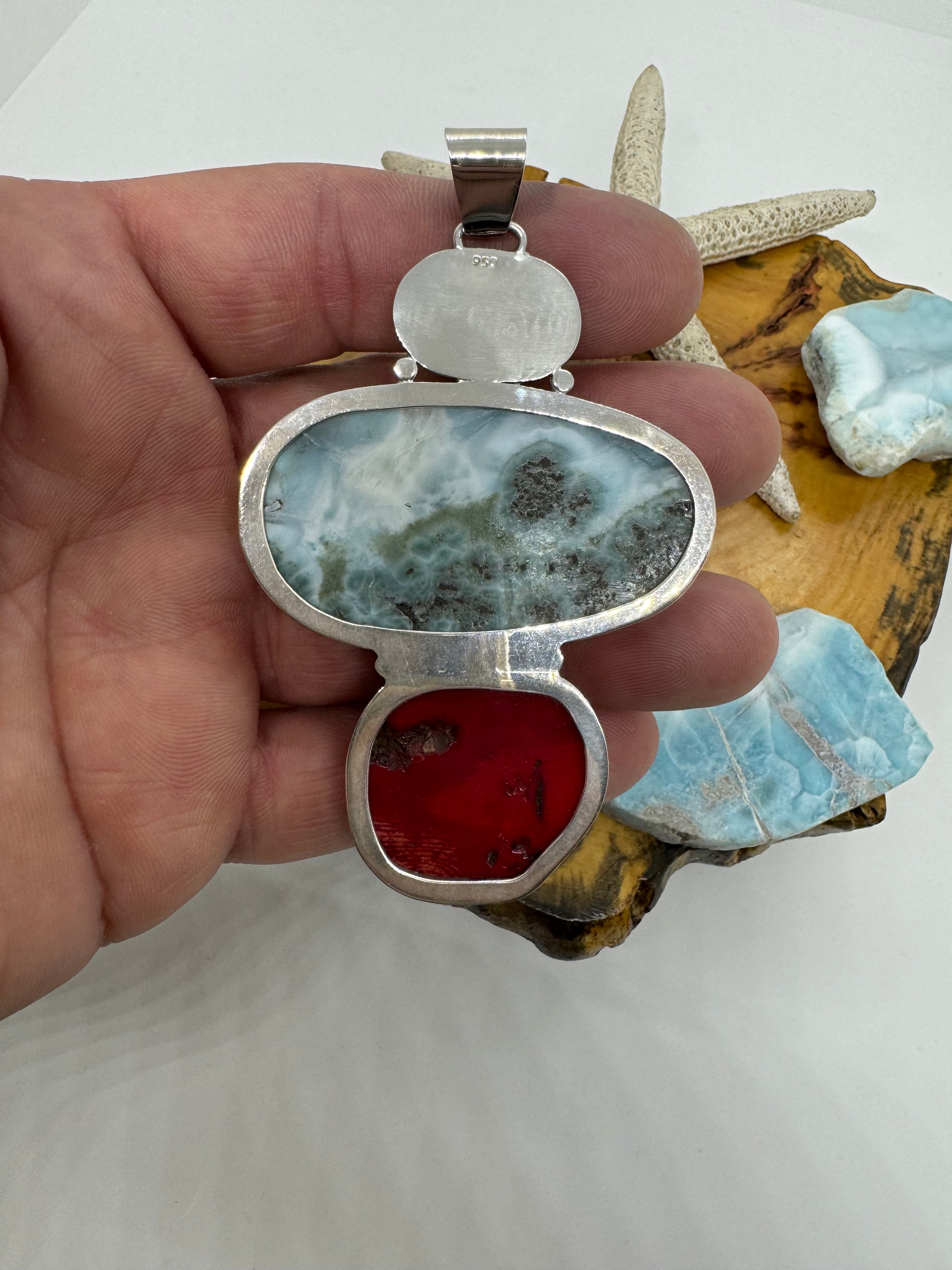Larimar and red coral petroglyph pendant