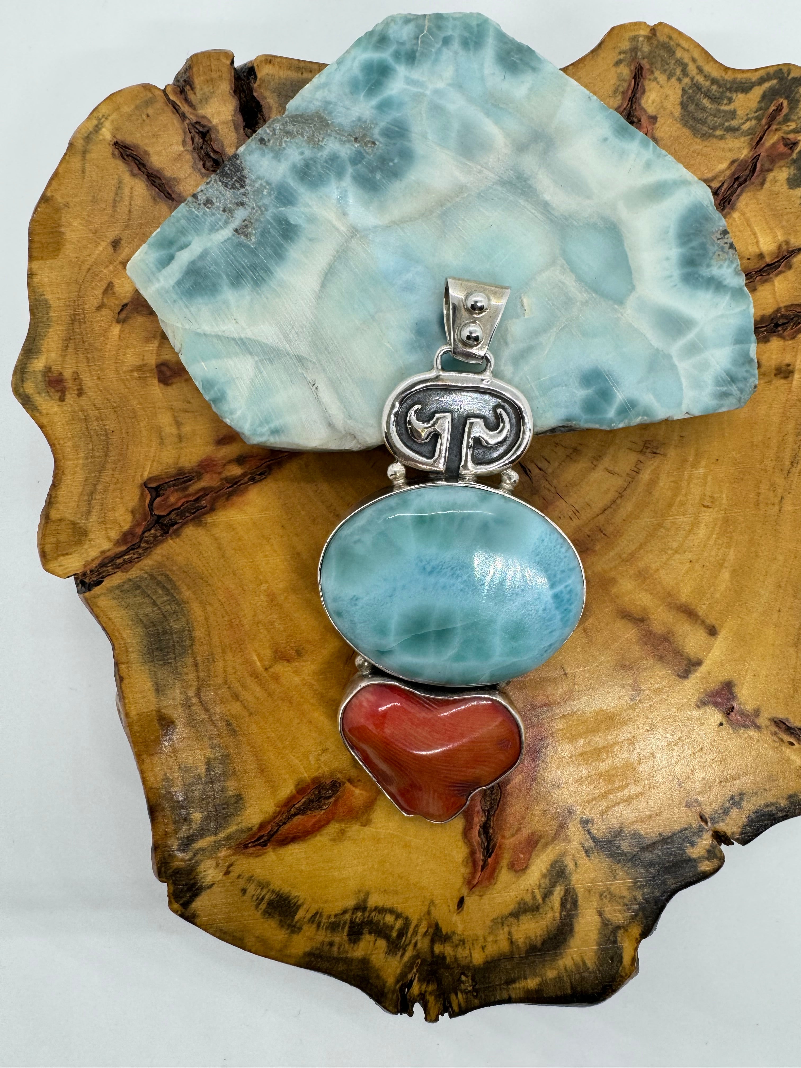 Larimar and red coral petroglyph pendant