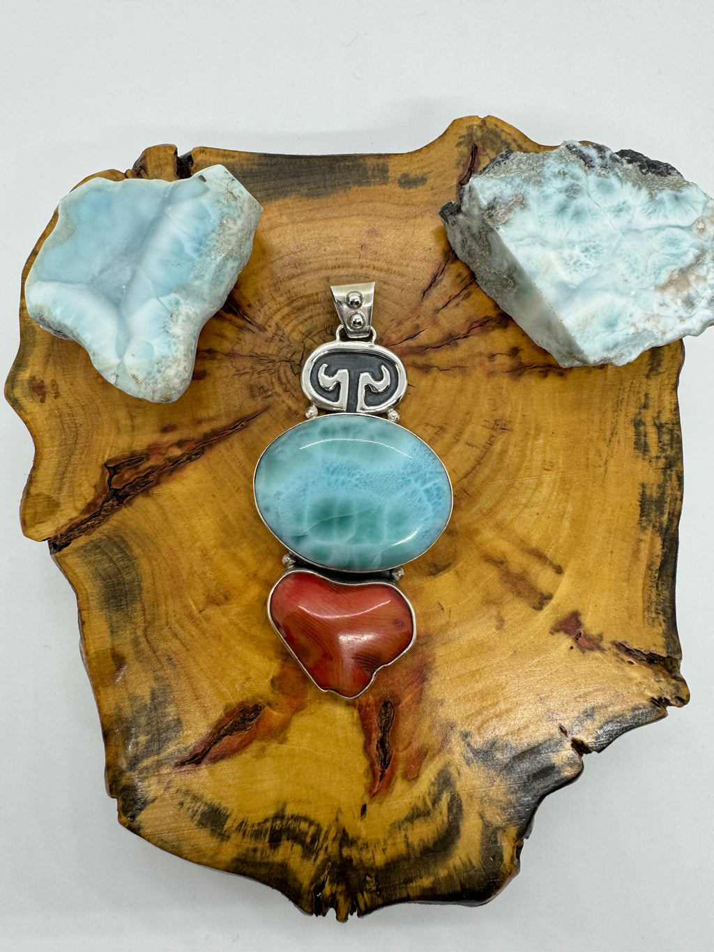 Larimar and red coral petroglyph pendant