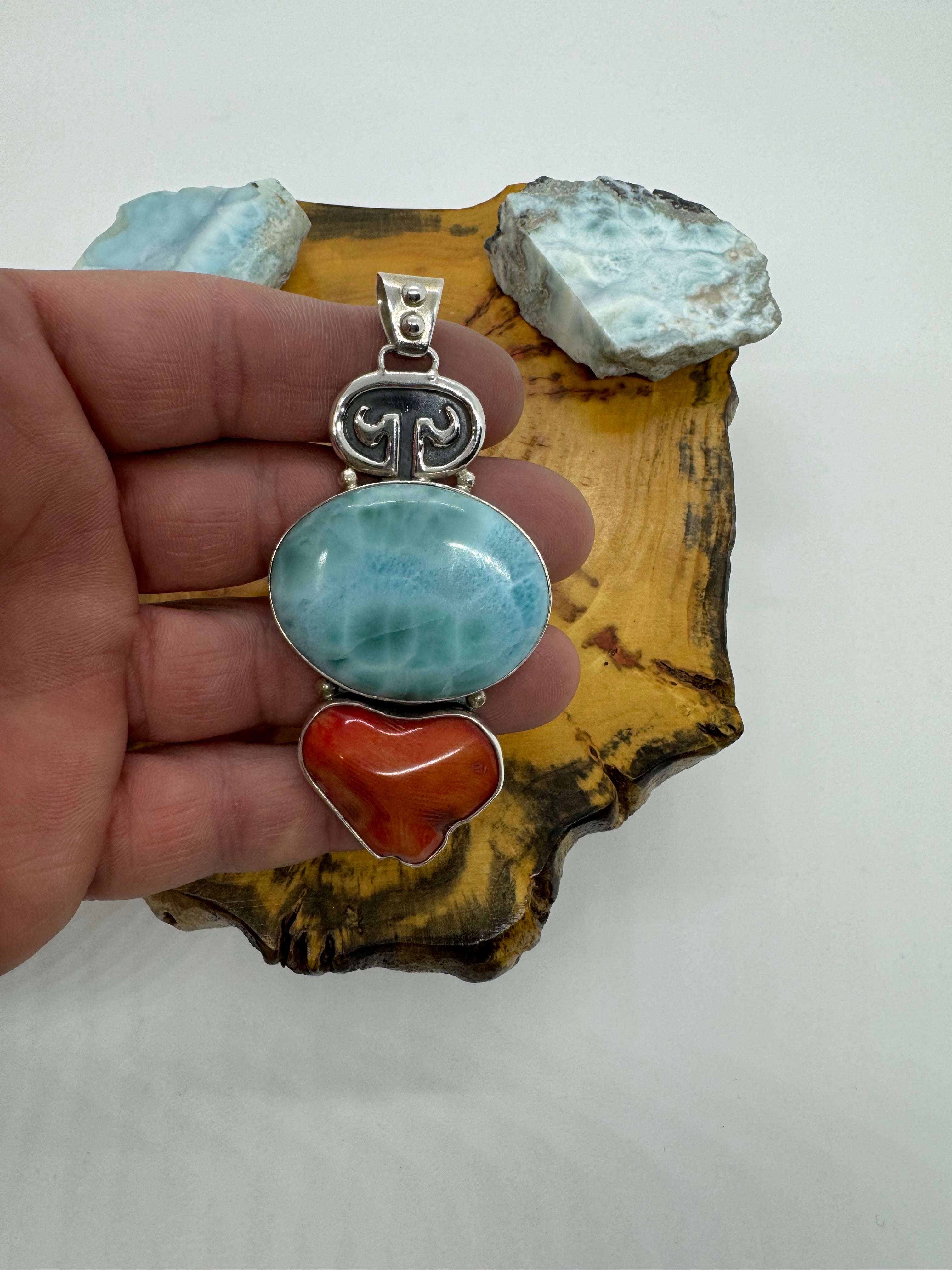 Larimar and red coral petroglyph pendant