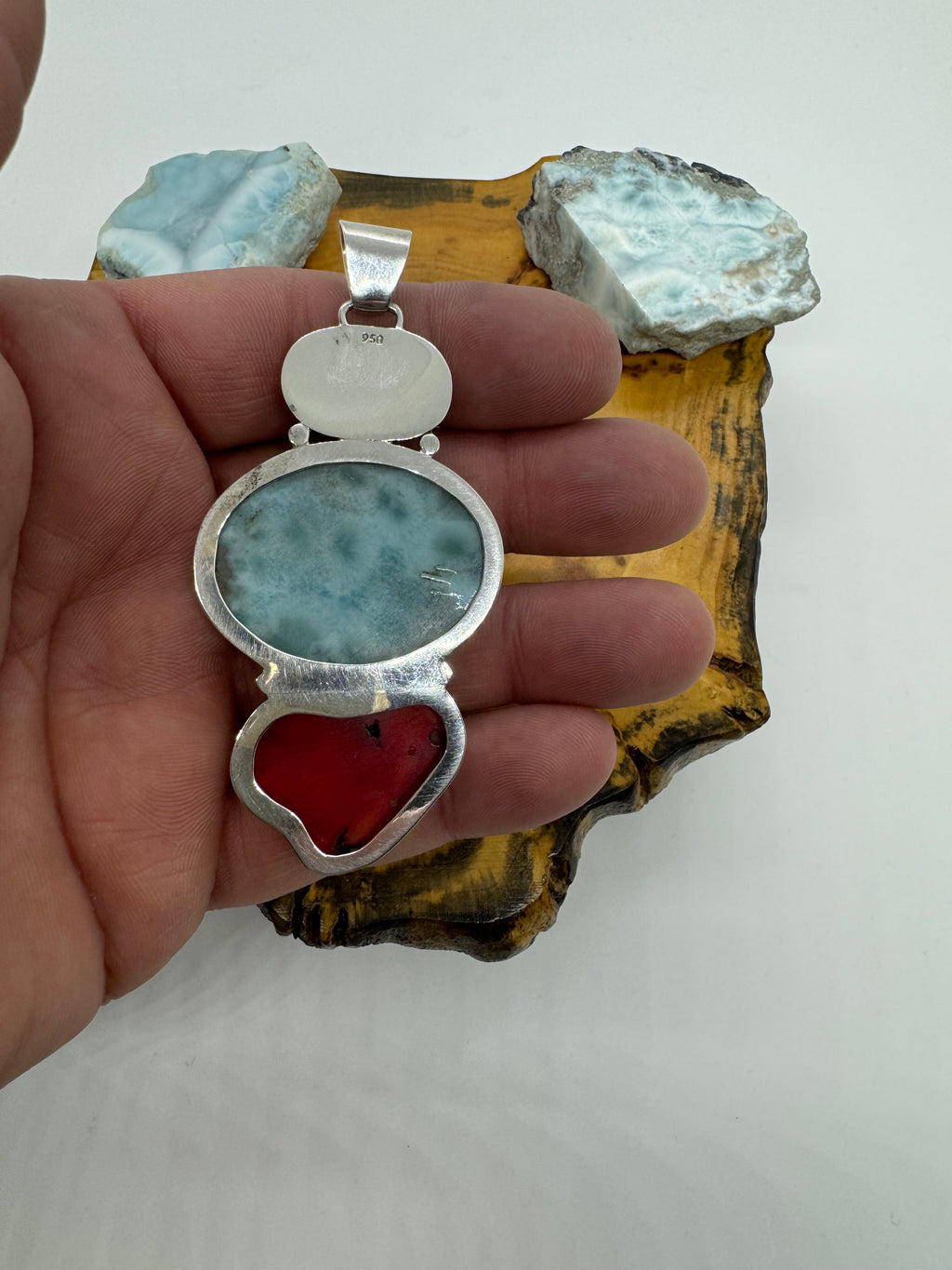 Larimar and red coral petroglyph pendant
