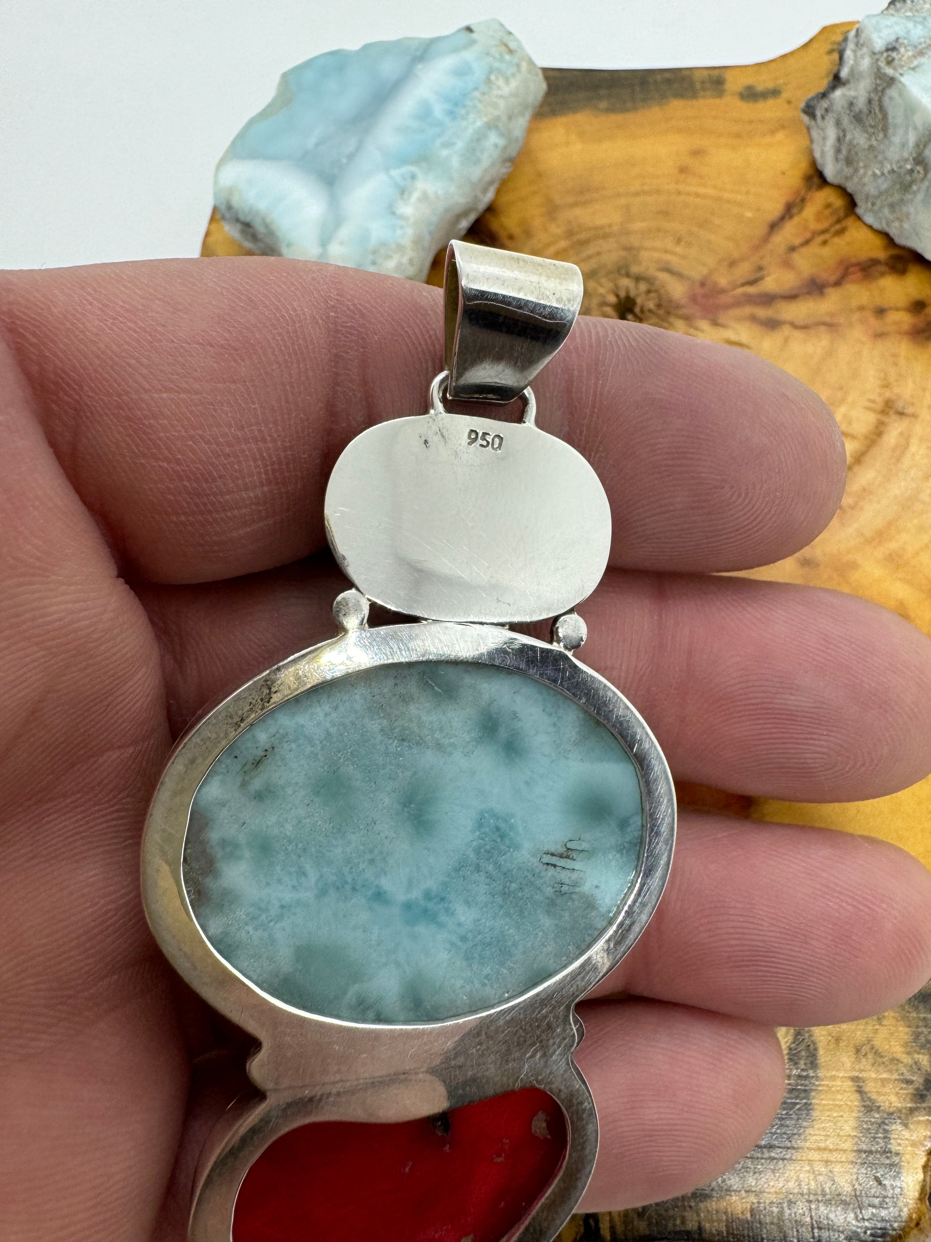 Larimar and red coral petroglyph pendant