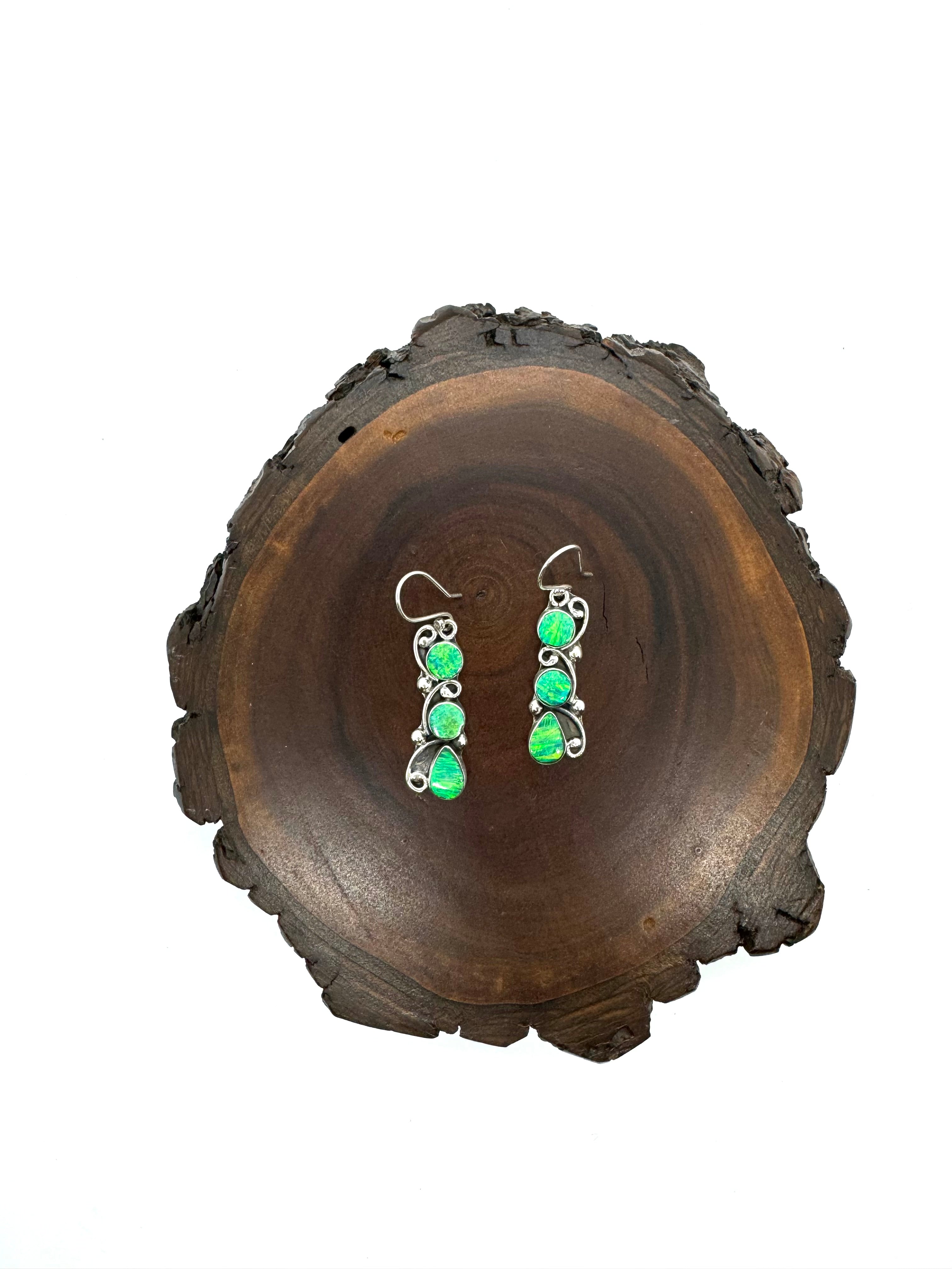 Triple dip, green fire, opal earrings
