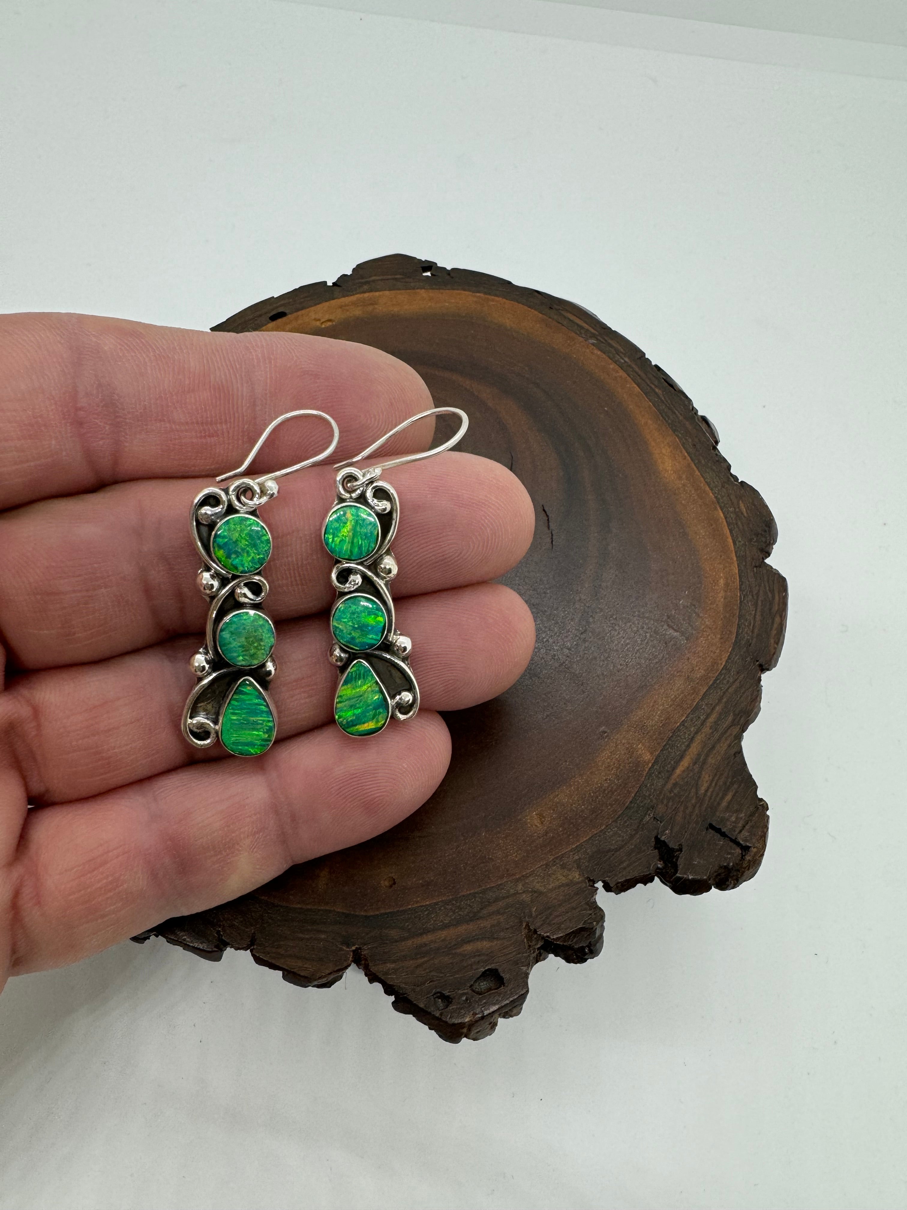 Triple dip, green fire, opal earrings