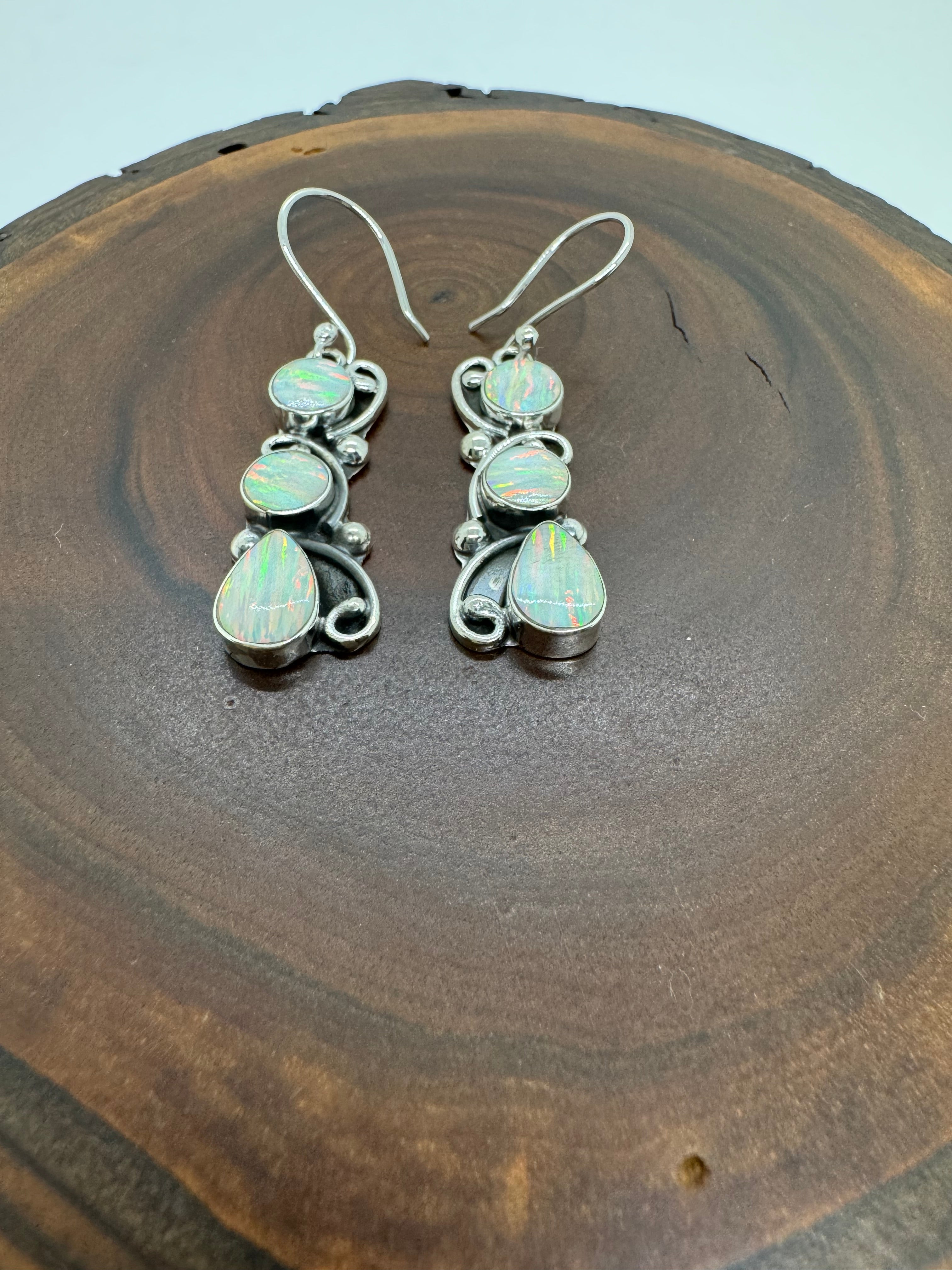 Triple dip, white fire, opal earrings
