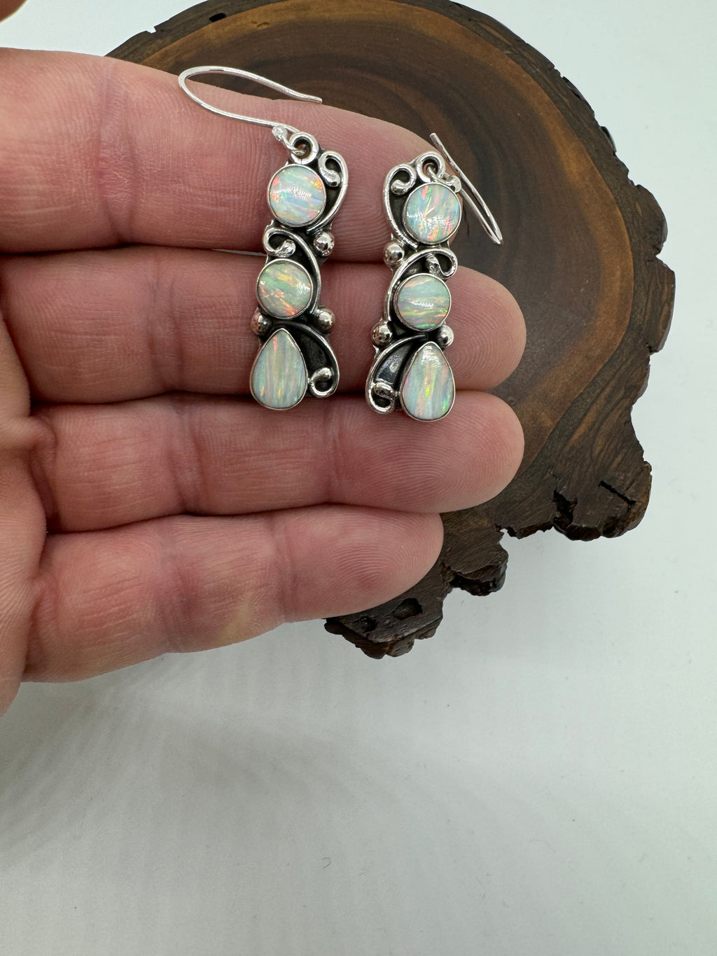 Triple dip, white fire, opal earrings