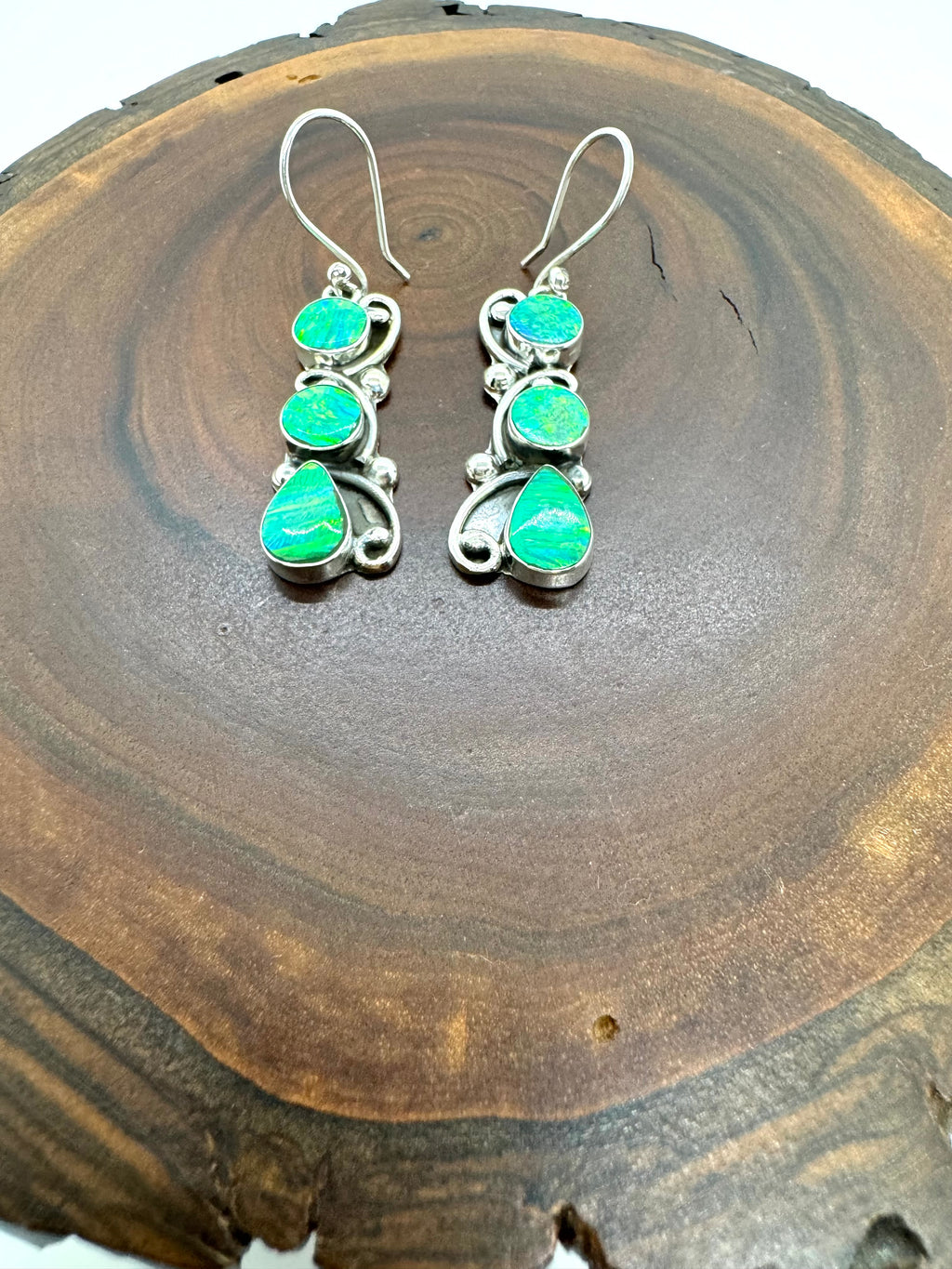 Triple dip, green fire, opal earrings
