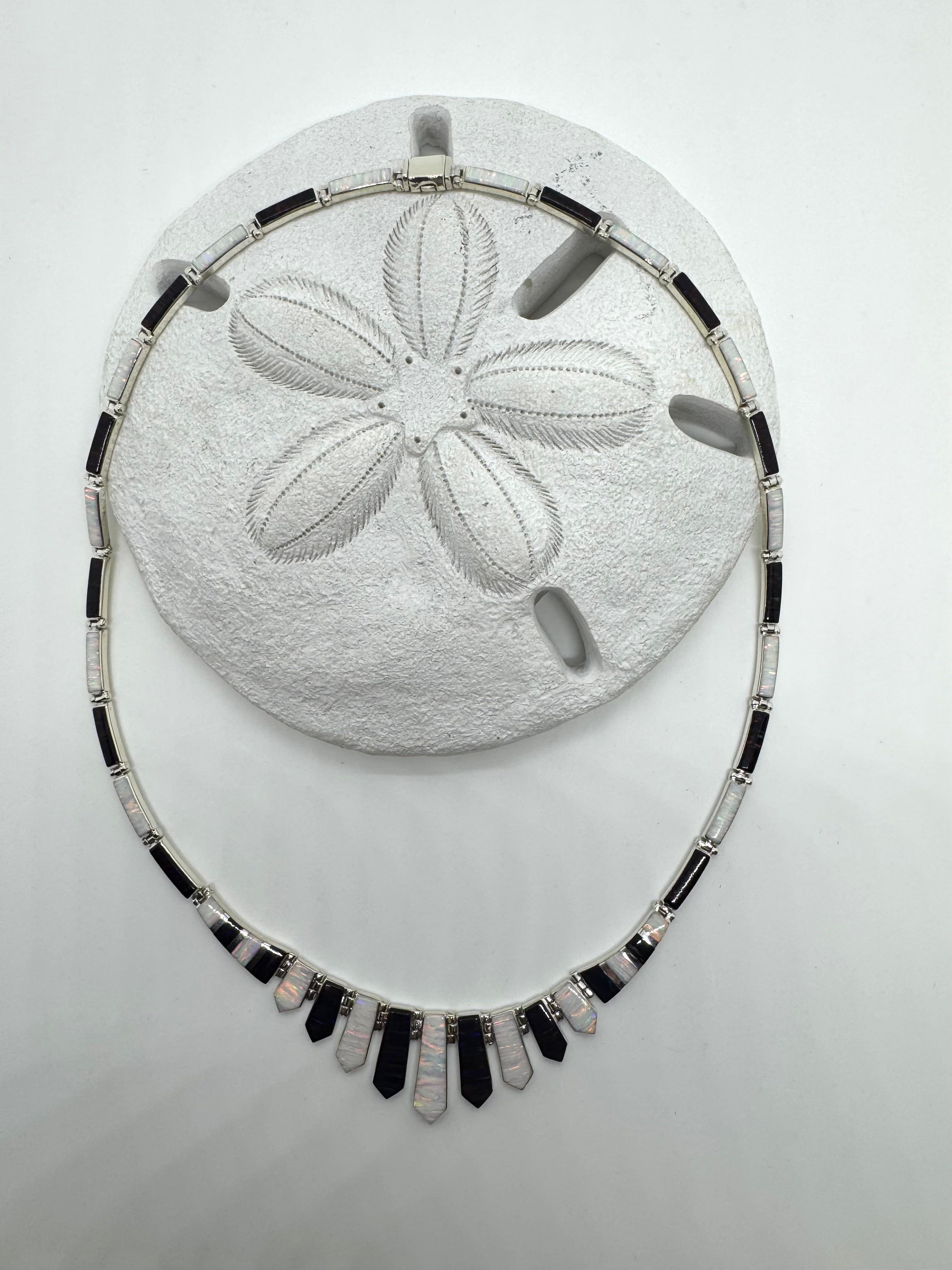 Black and white fire opal necklace