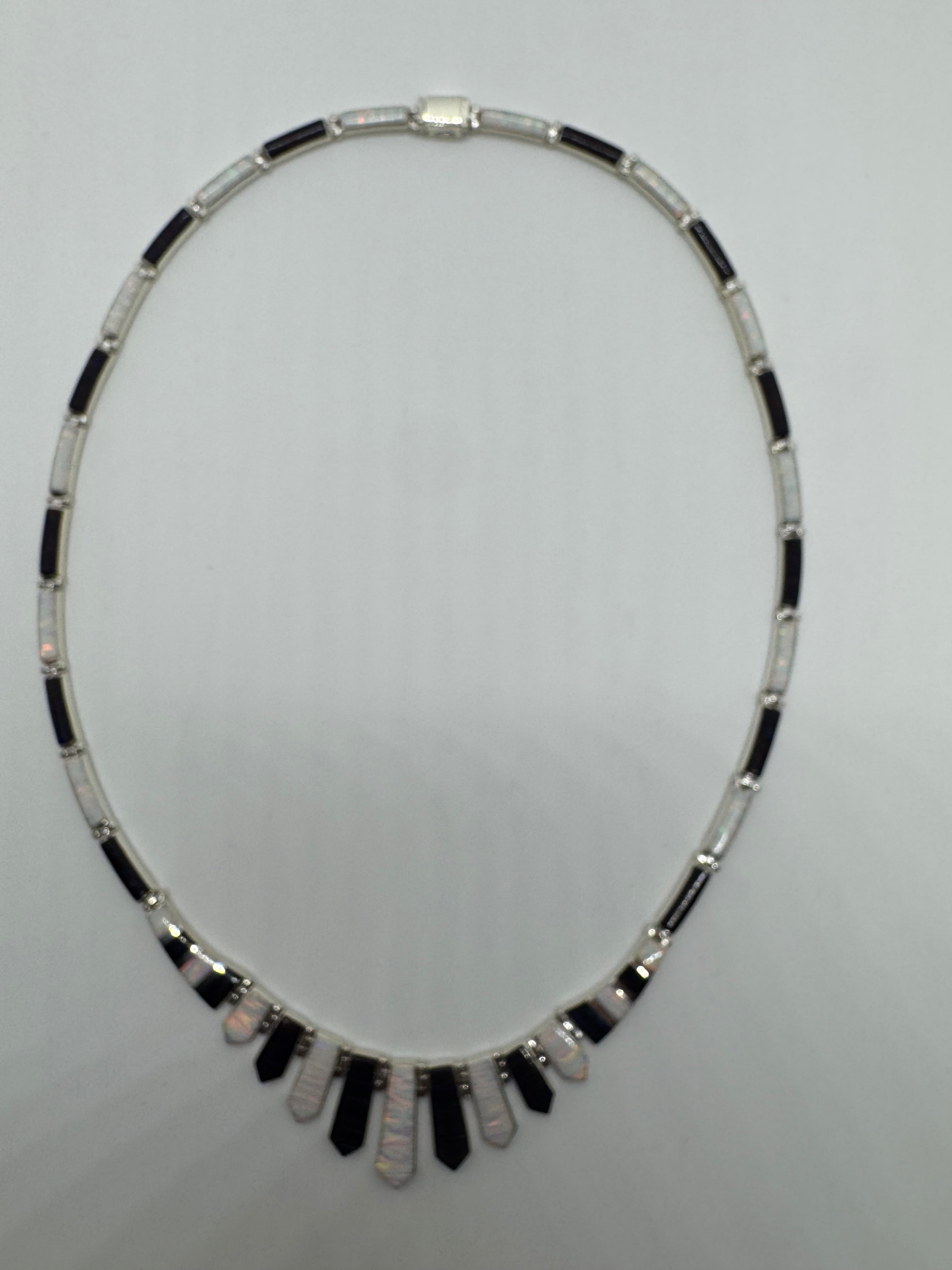 Black and white fire opal necklace
