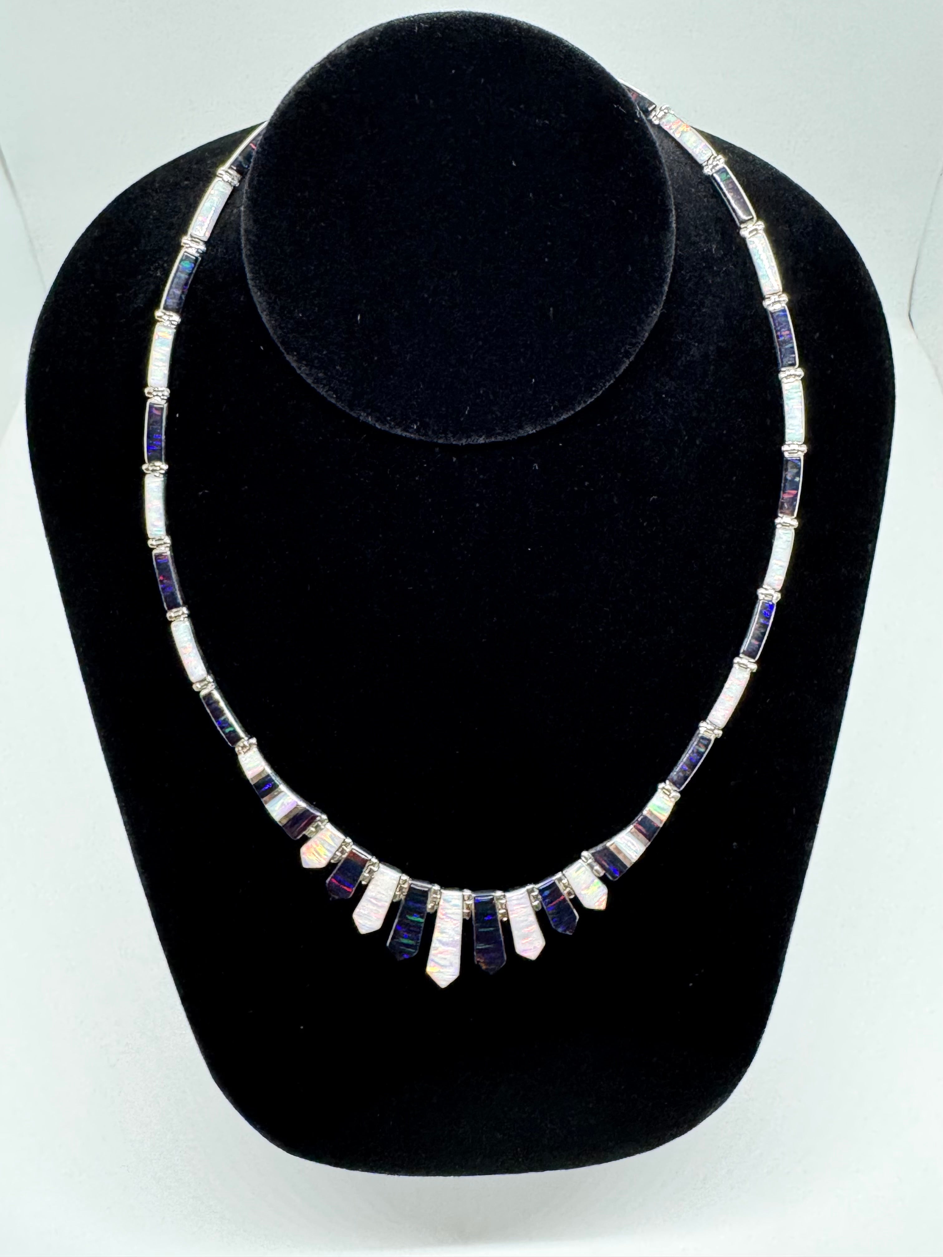 Black and white fire opal necklace