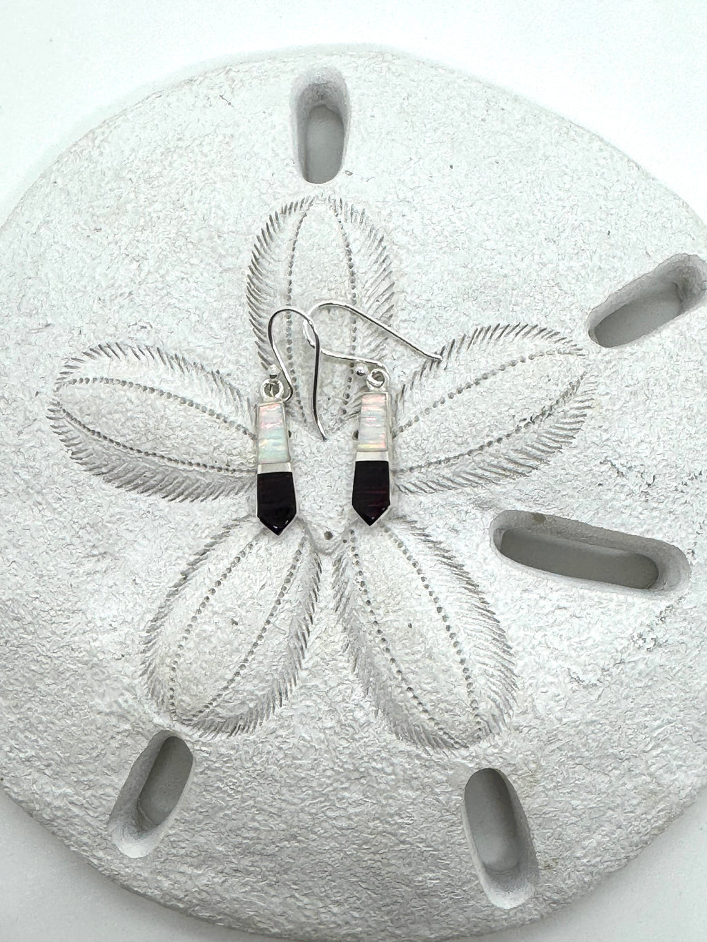 Black and white hanging fire opal earrings