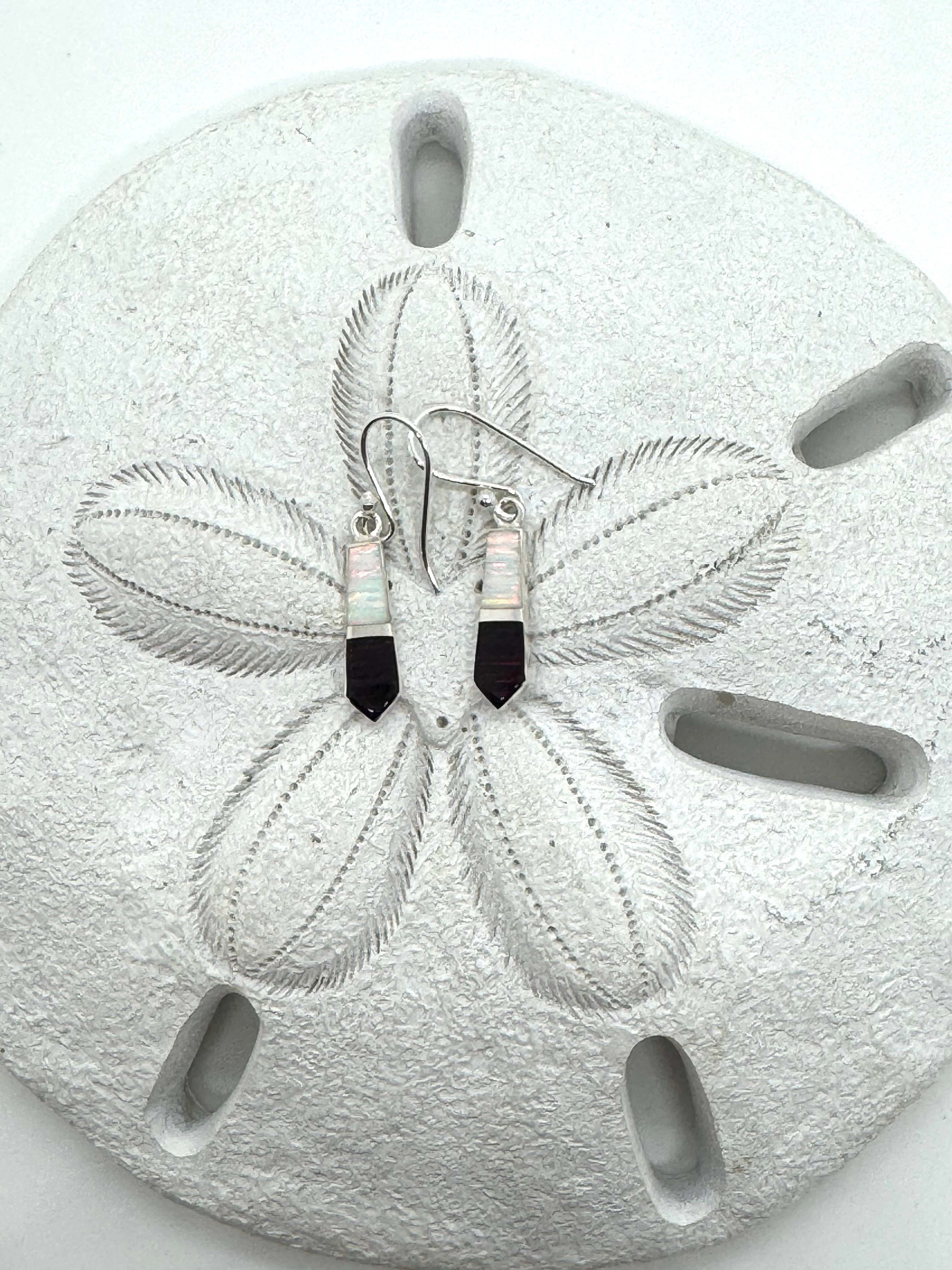 Black and white hanging fire opal earrings