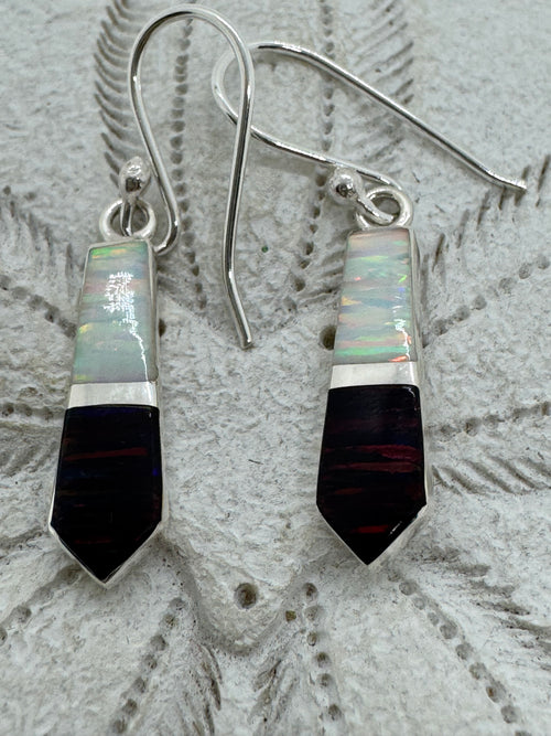 Black and white hanging fire opal earrings