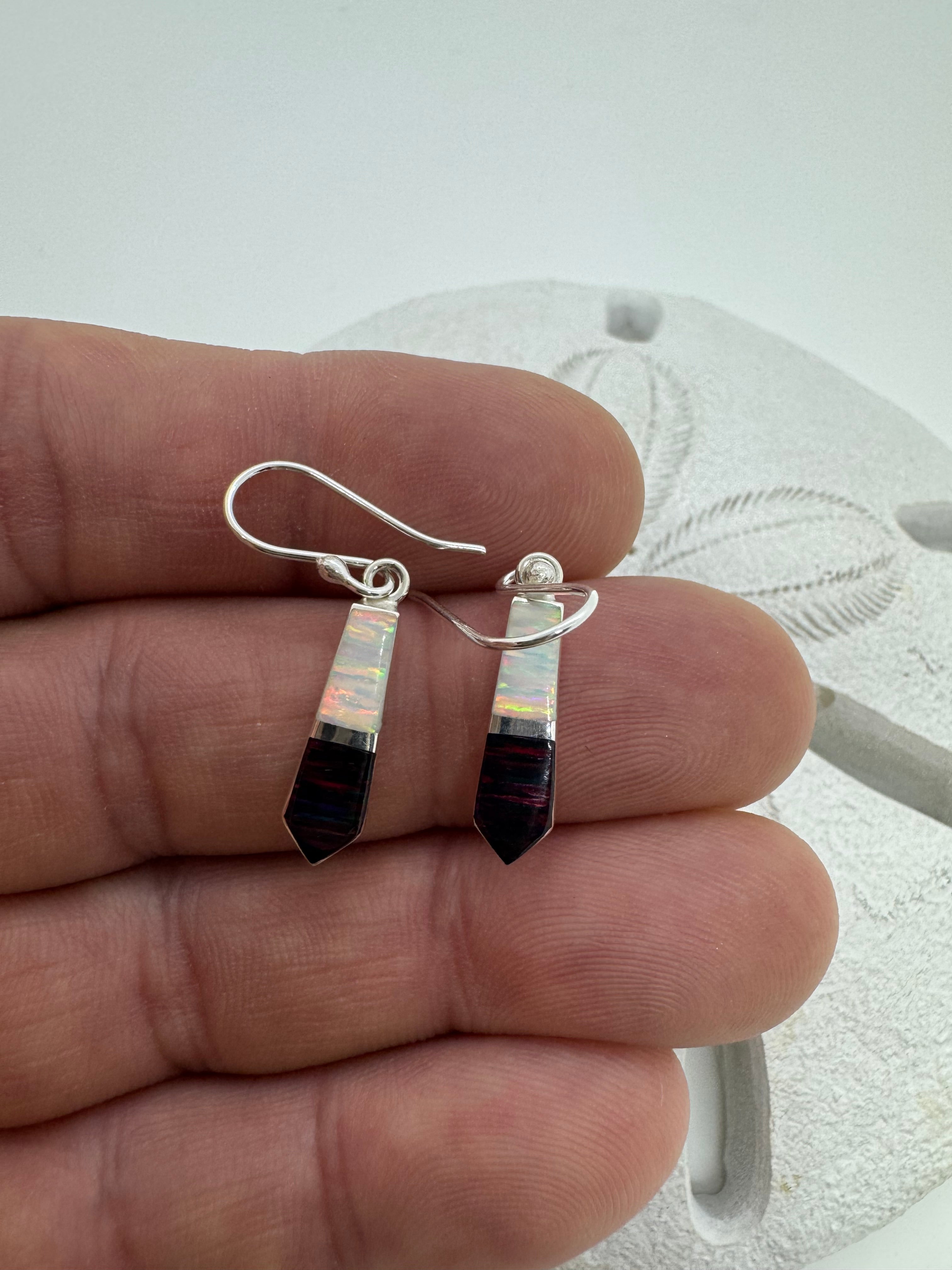 Black and white hanging fire opal earrings