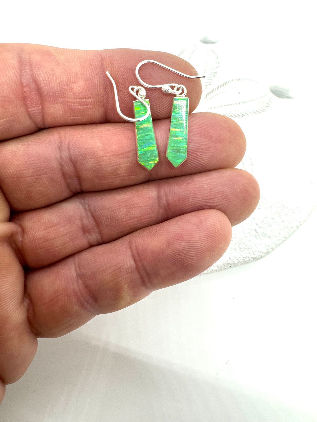 Green fire opal hanging earrings