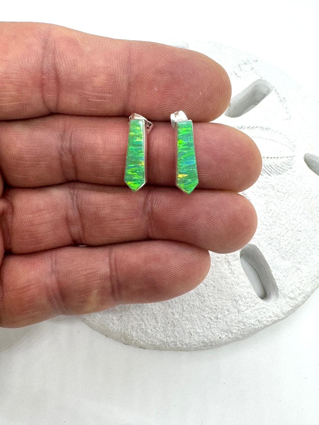 Green post fire opal earrings