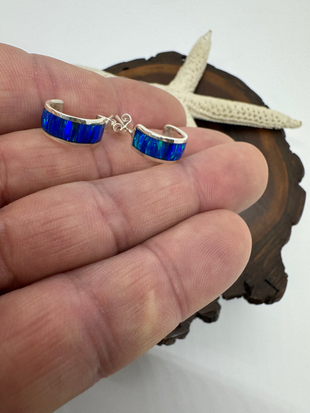 Blue fire opal hoop earrings