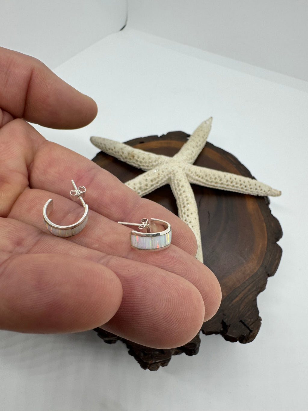 White fire opal hoop earrings