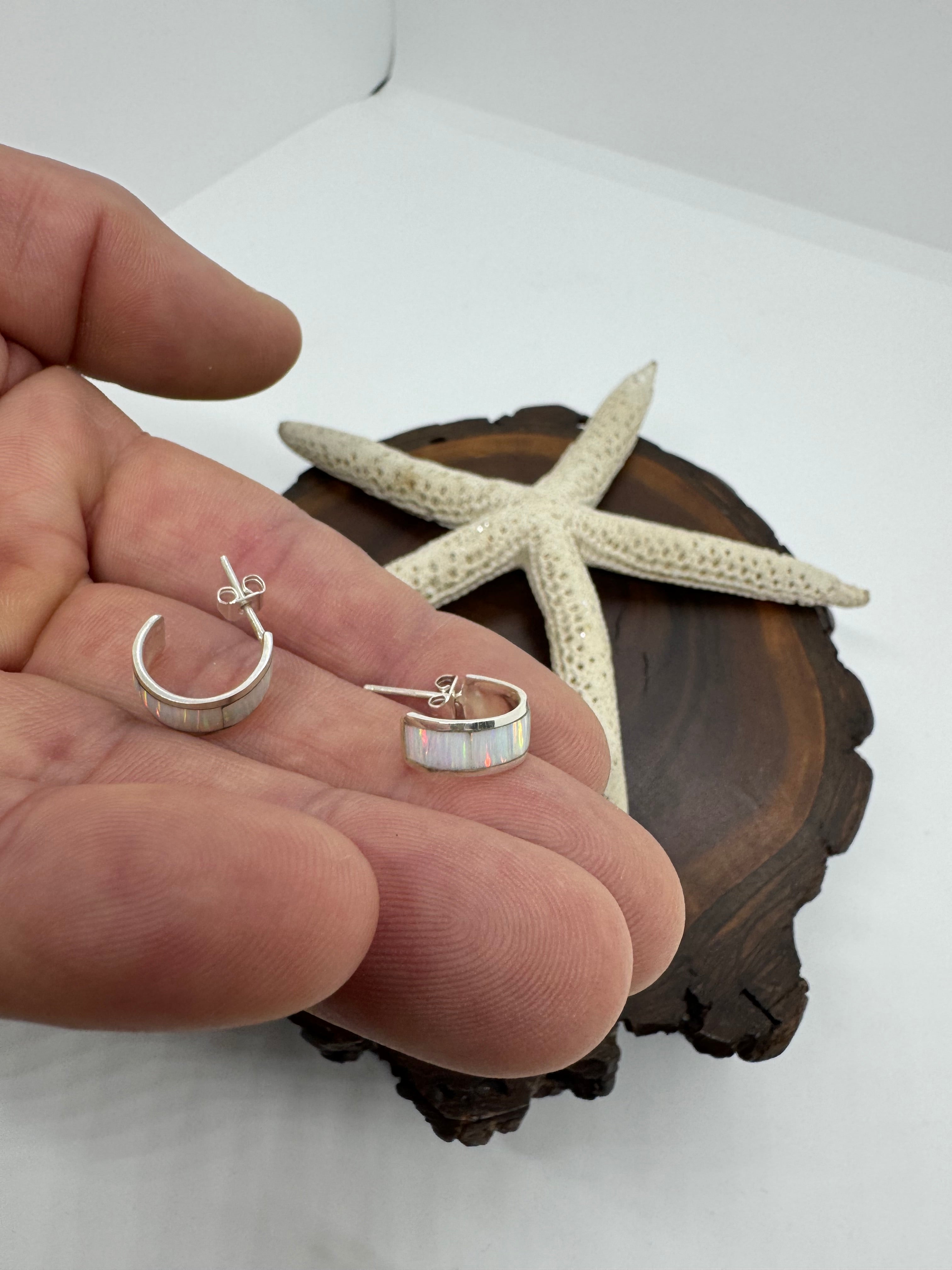 White fire opal hoop earrings