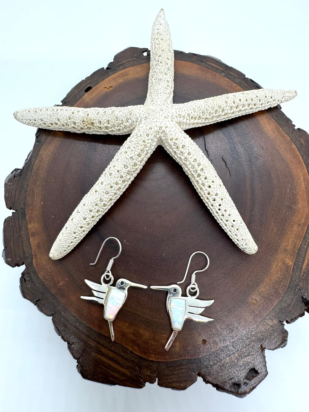 Hummingbird white fire opal earrings