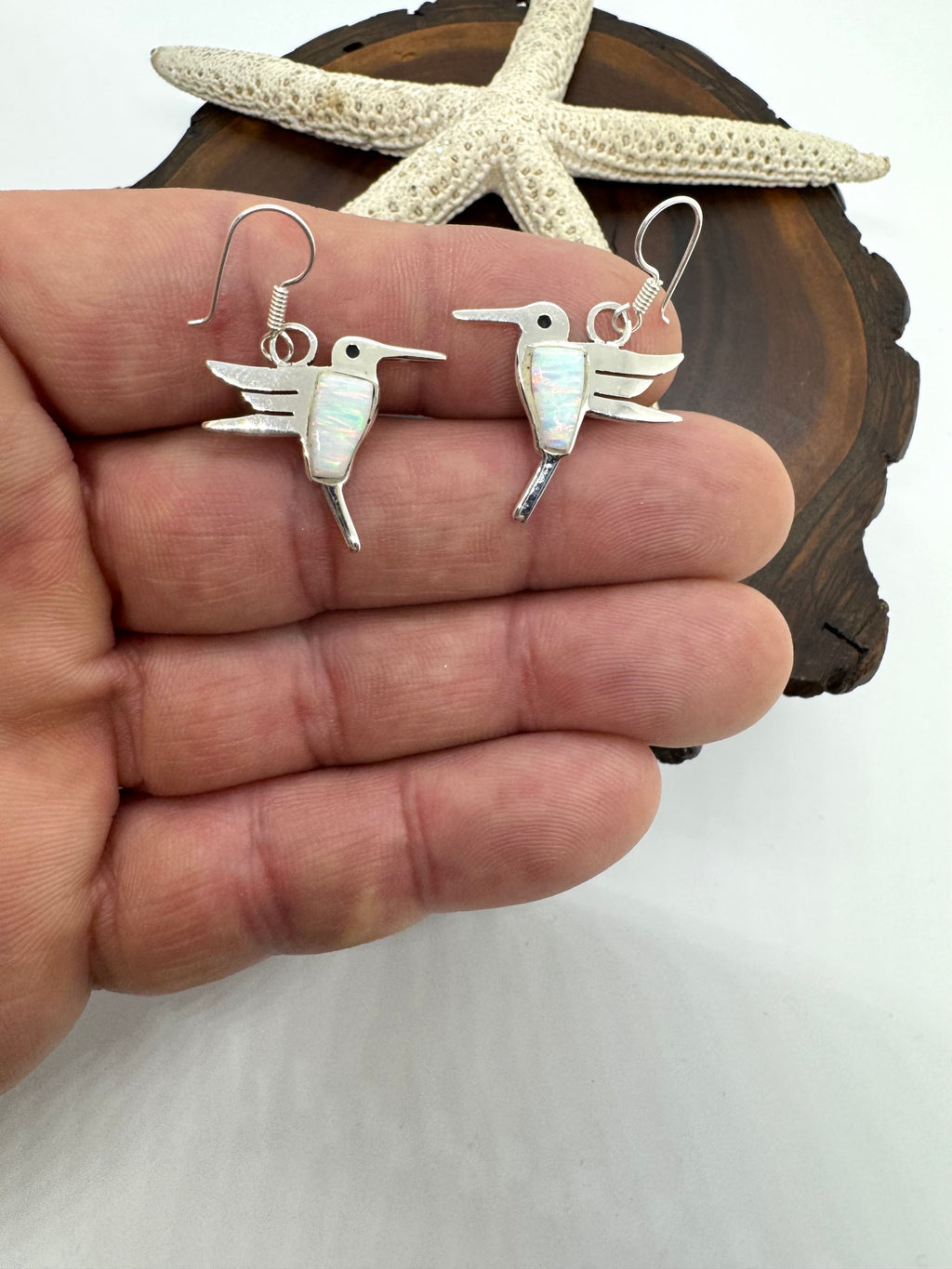 Hummingbird white fire opal earrings