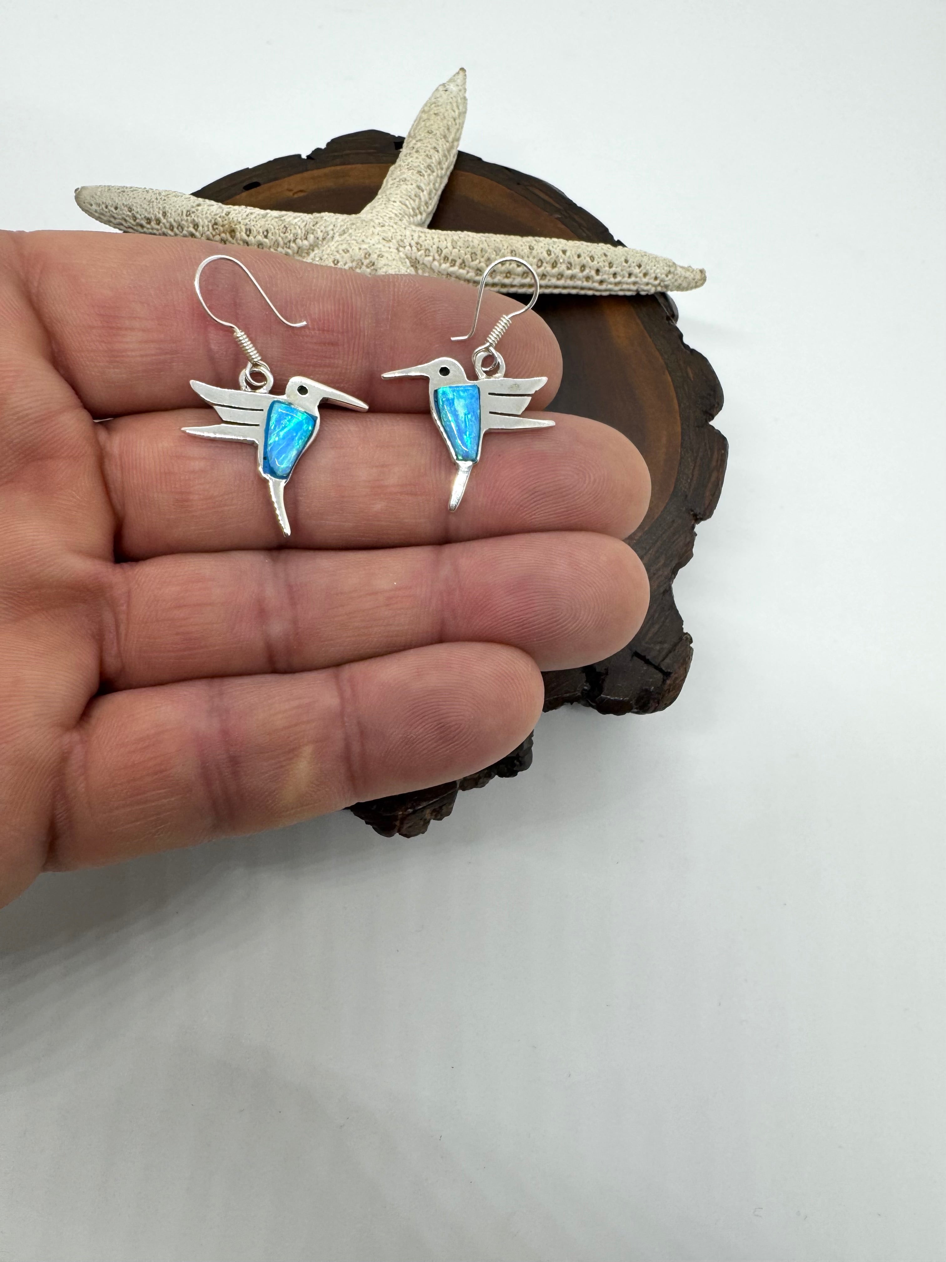 Hummingbird ocean blue fire Opal earrings