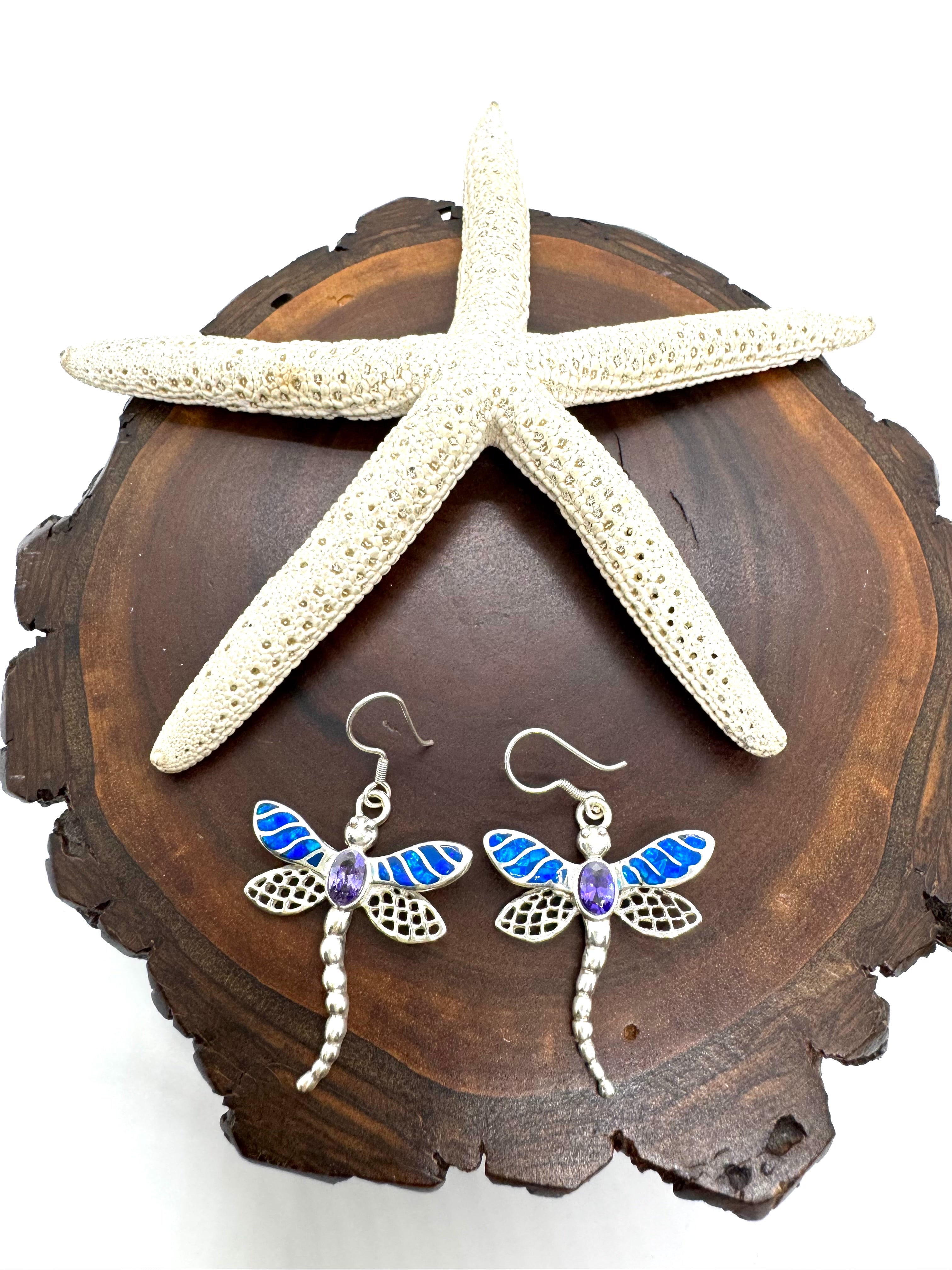 Fire opal and amethyst dragonfly earrings