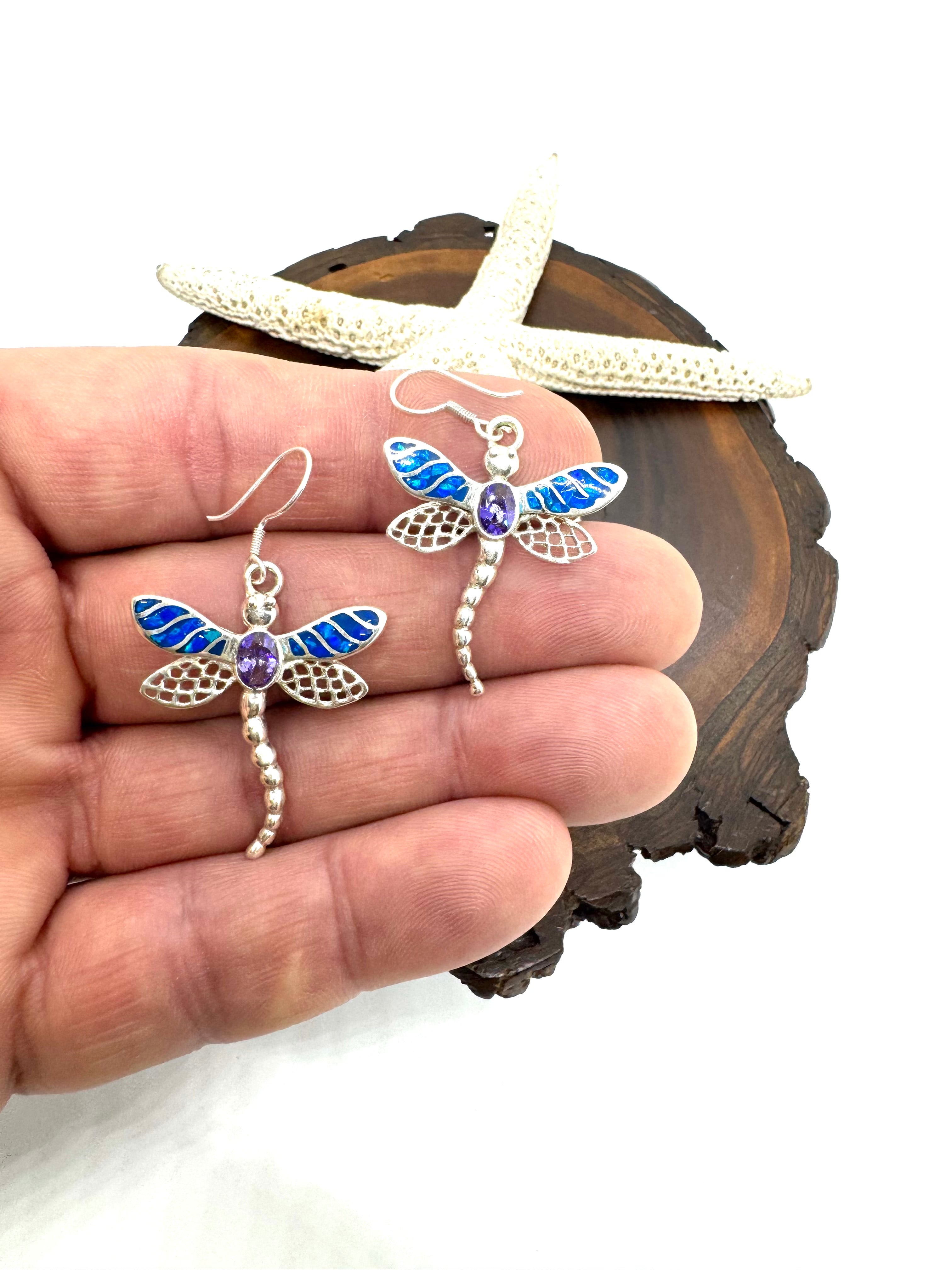 Fire opal and amethyst dragonfly earrings