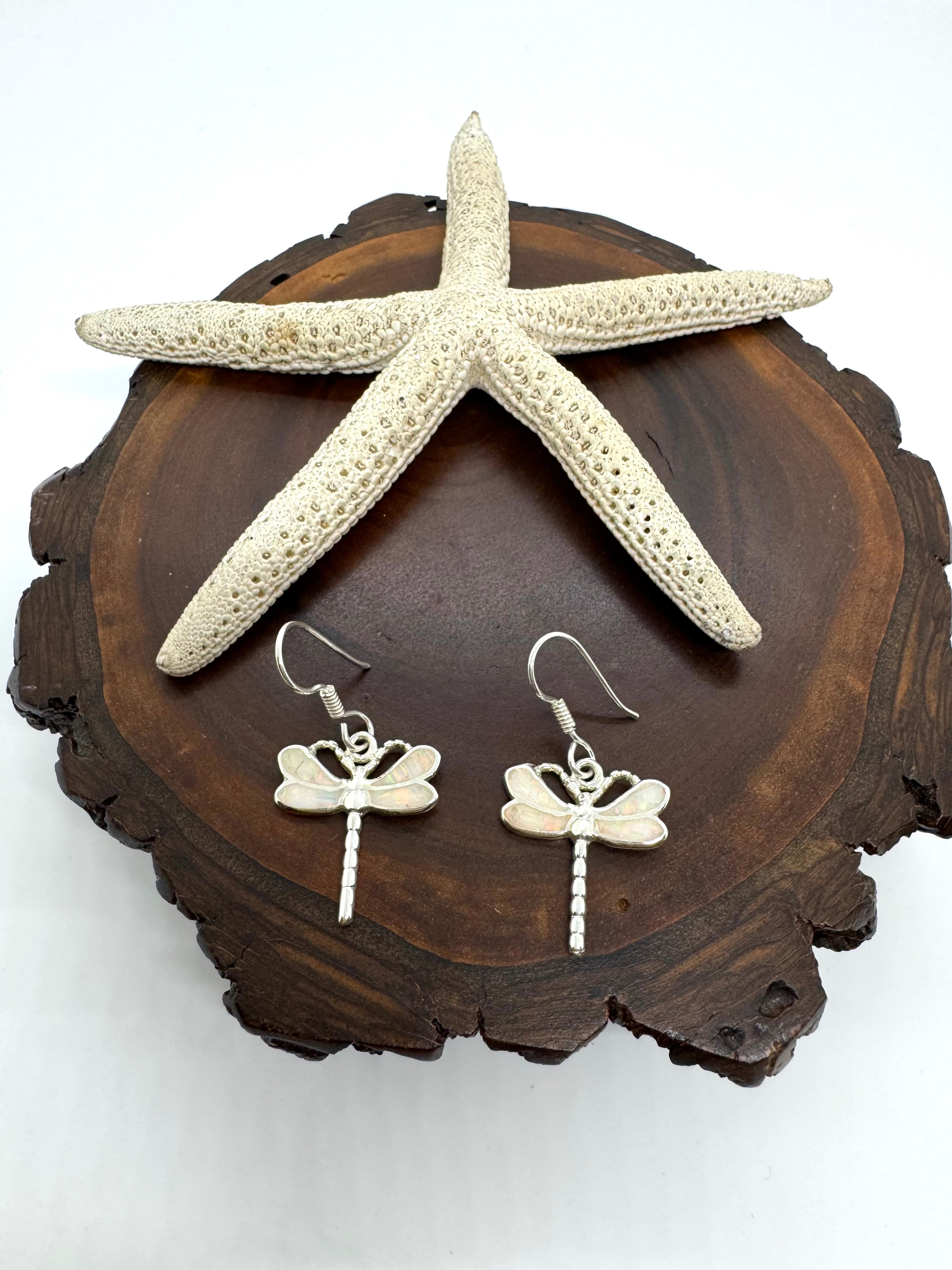 Dragonfly white fire opal earrings