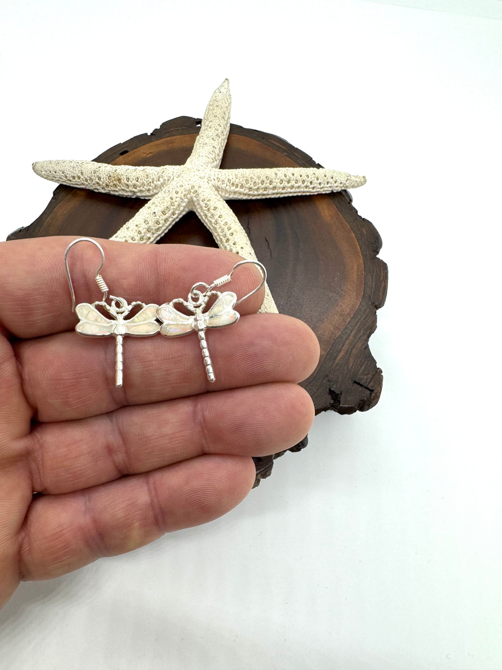 Dragonfly white fire opal earrings