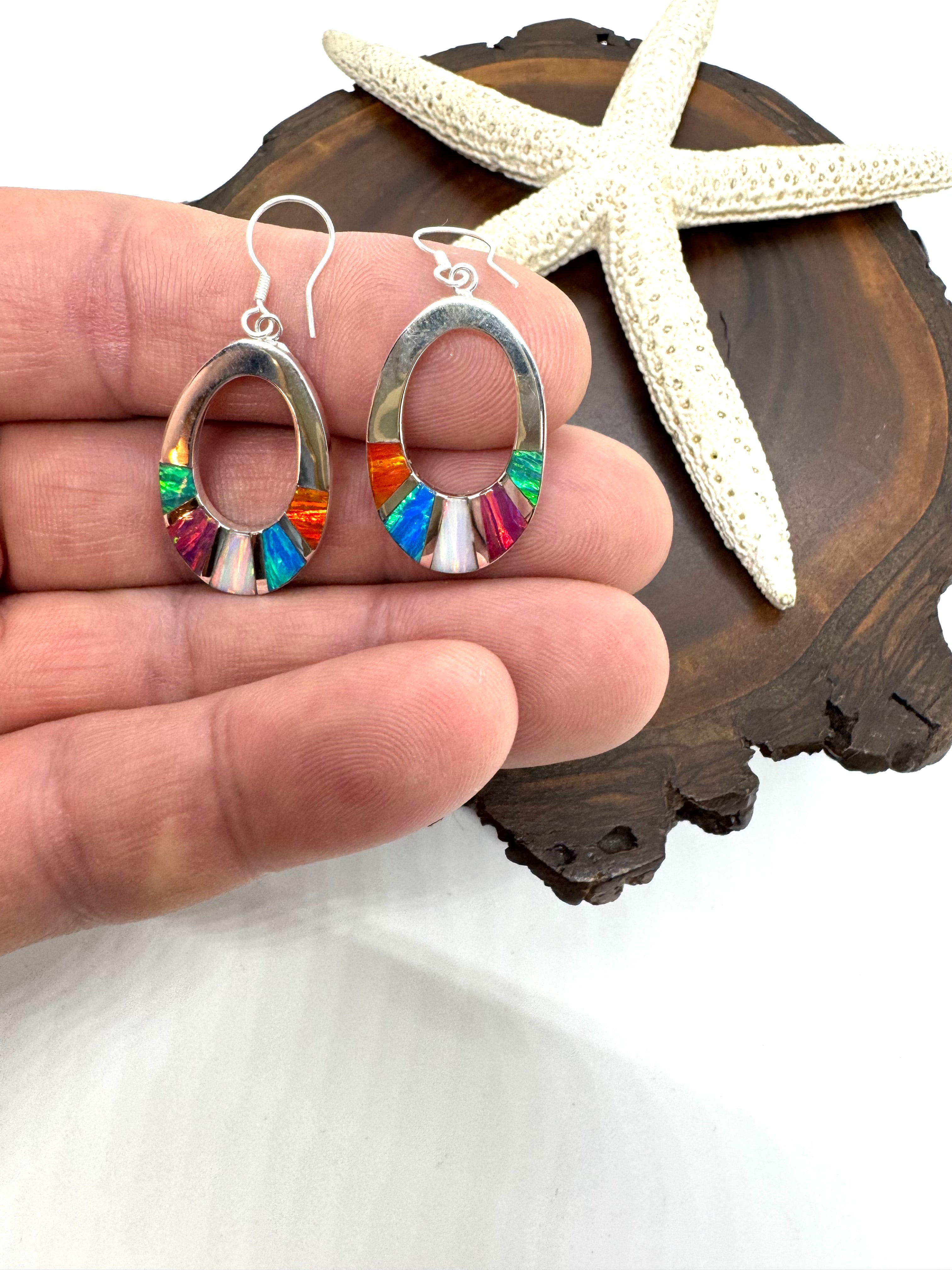 Multicolored hanging fire opal earrings