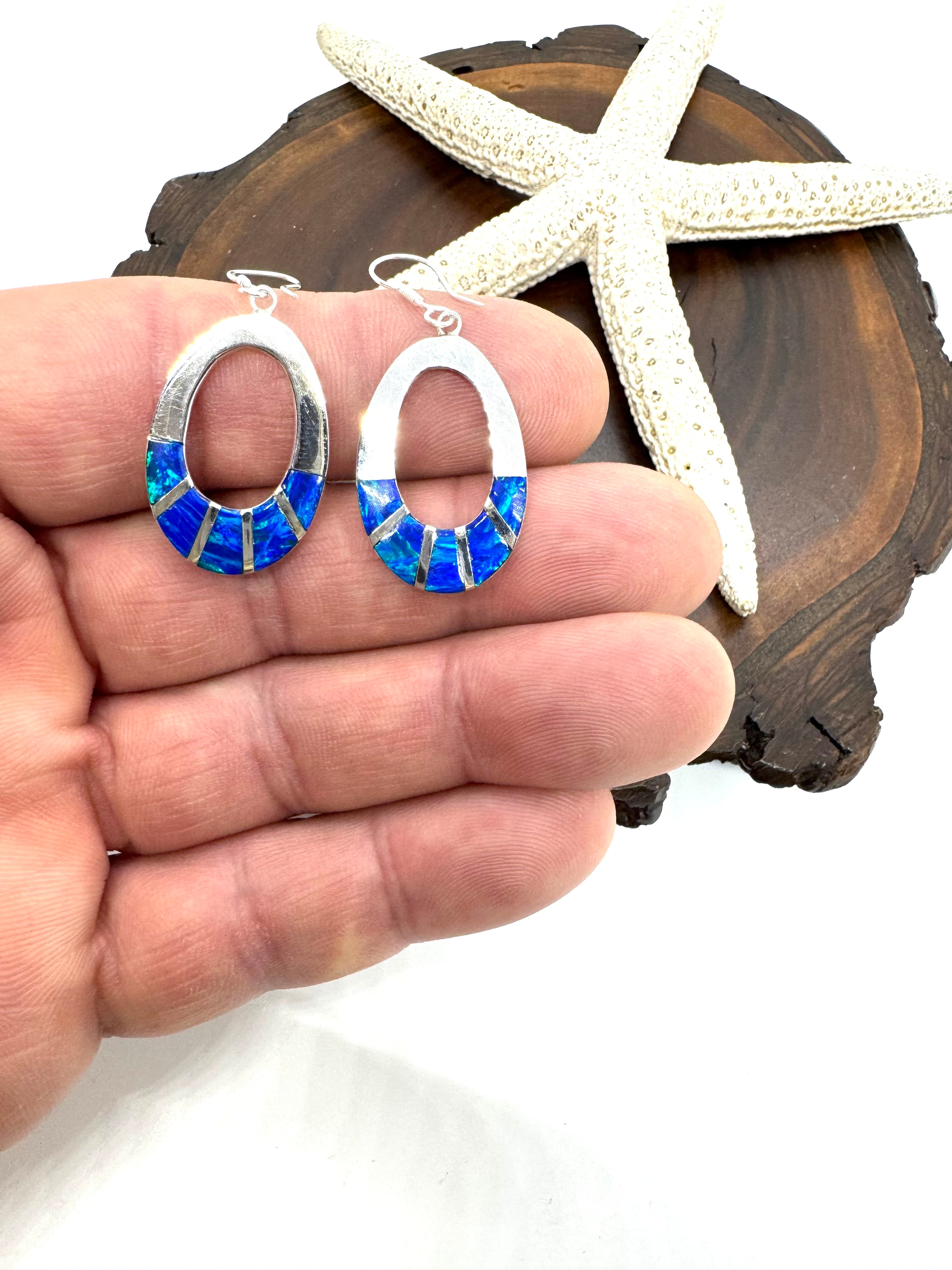 Blue fire opal hanging earrings