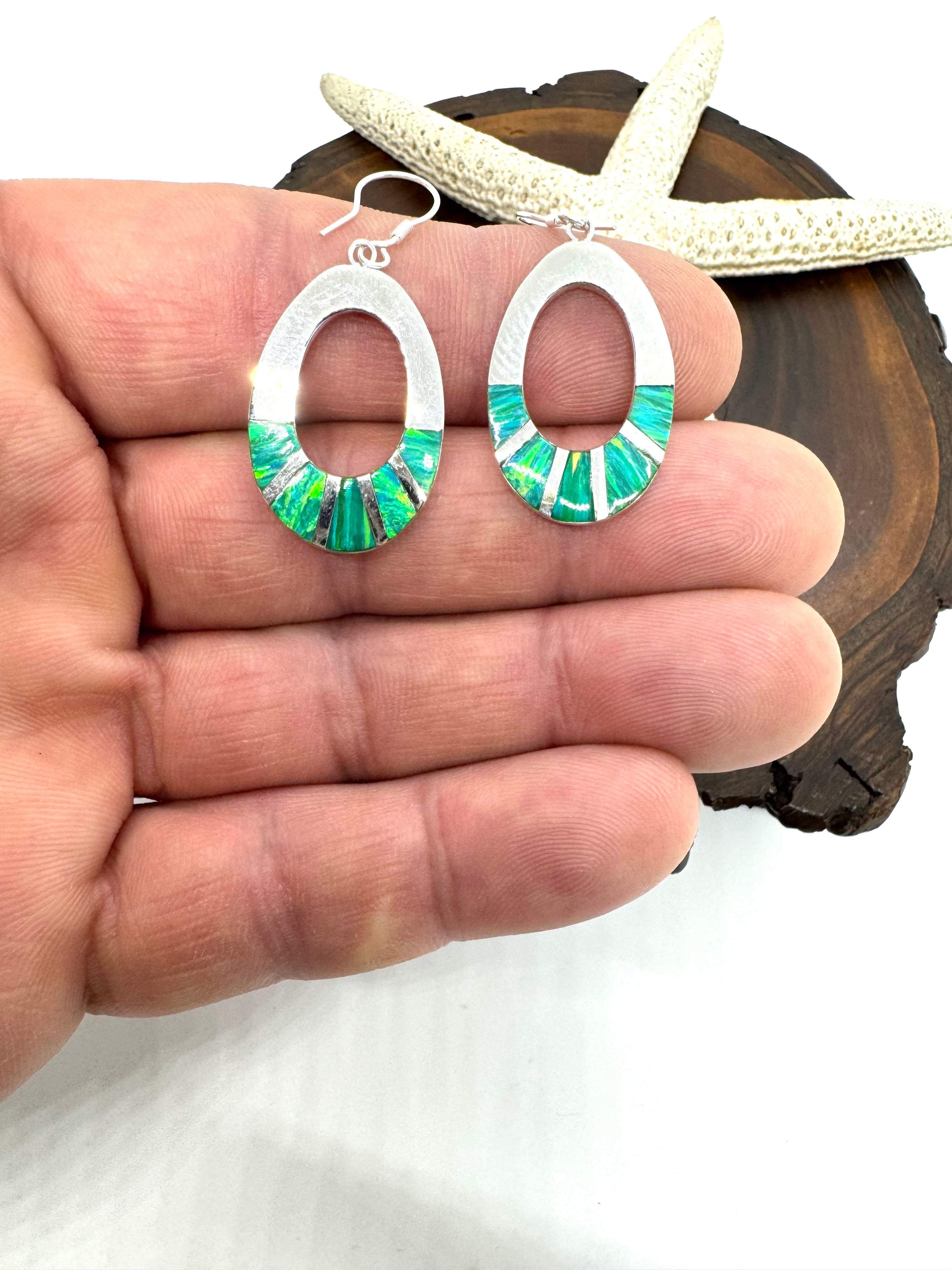 Green fire opal hanging earrings