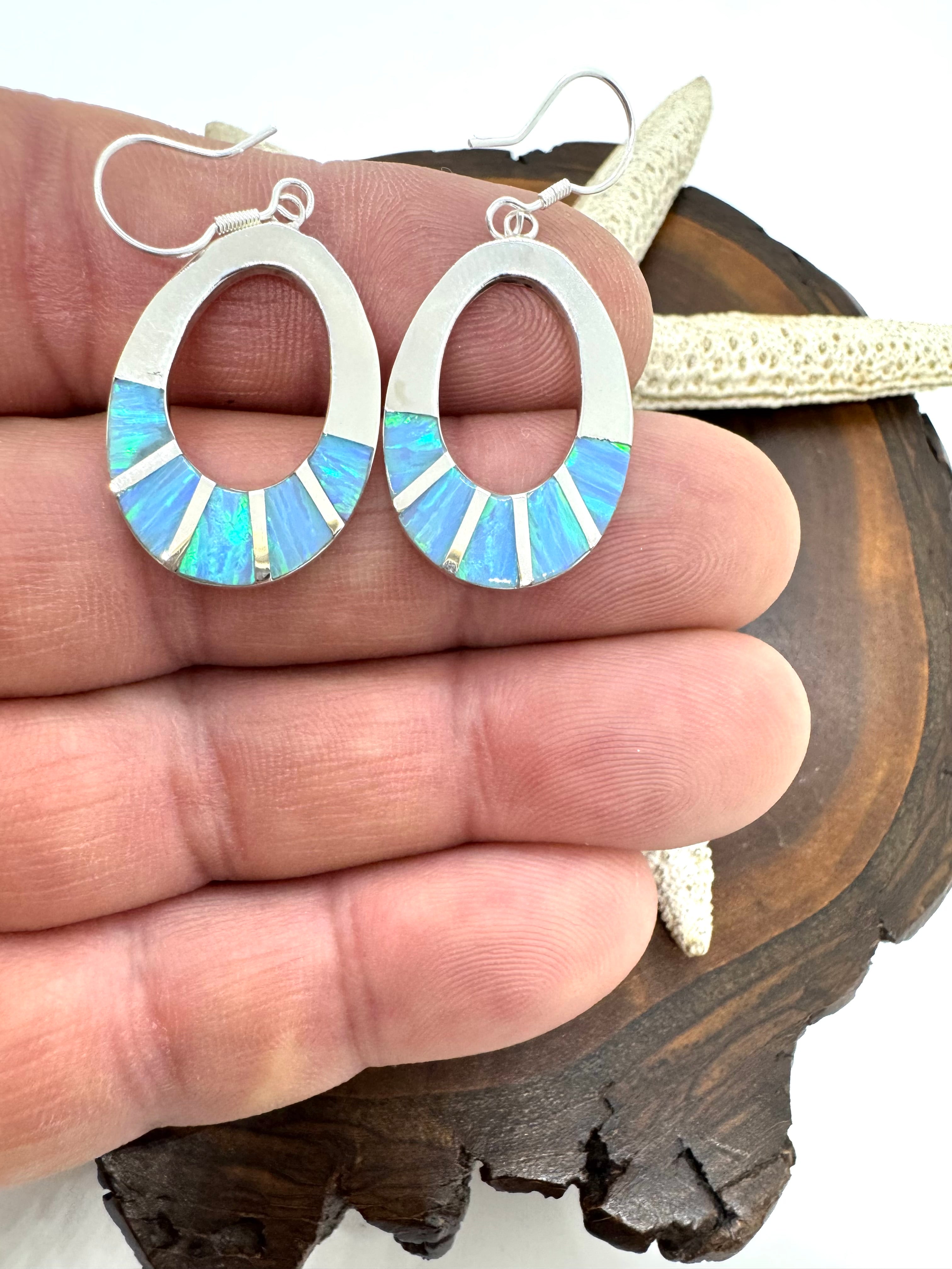 Ocean blue fire Opal hanging earrings