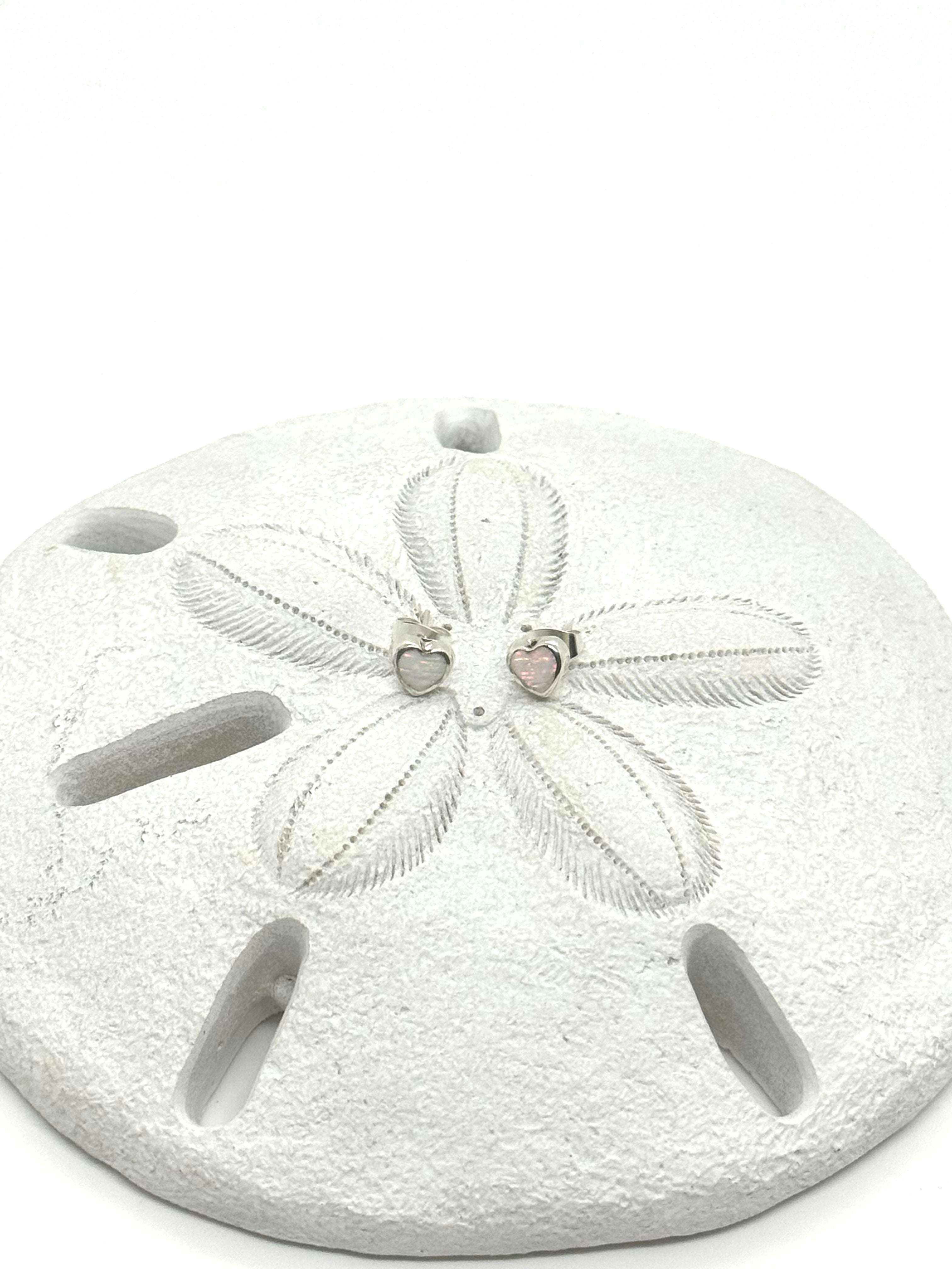 White fire opal heart post earrings