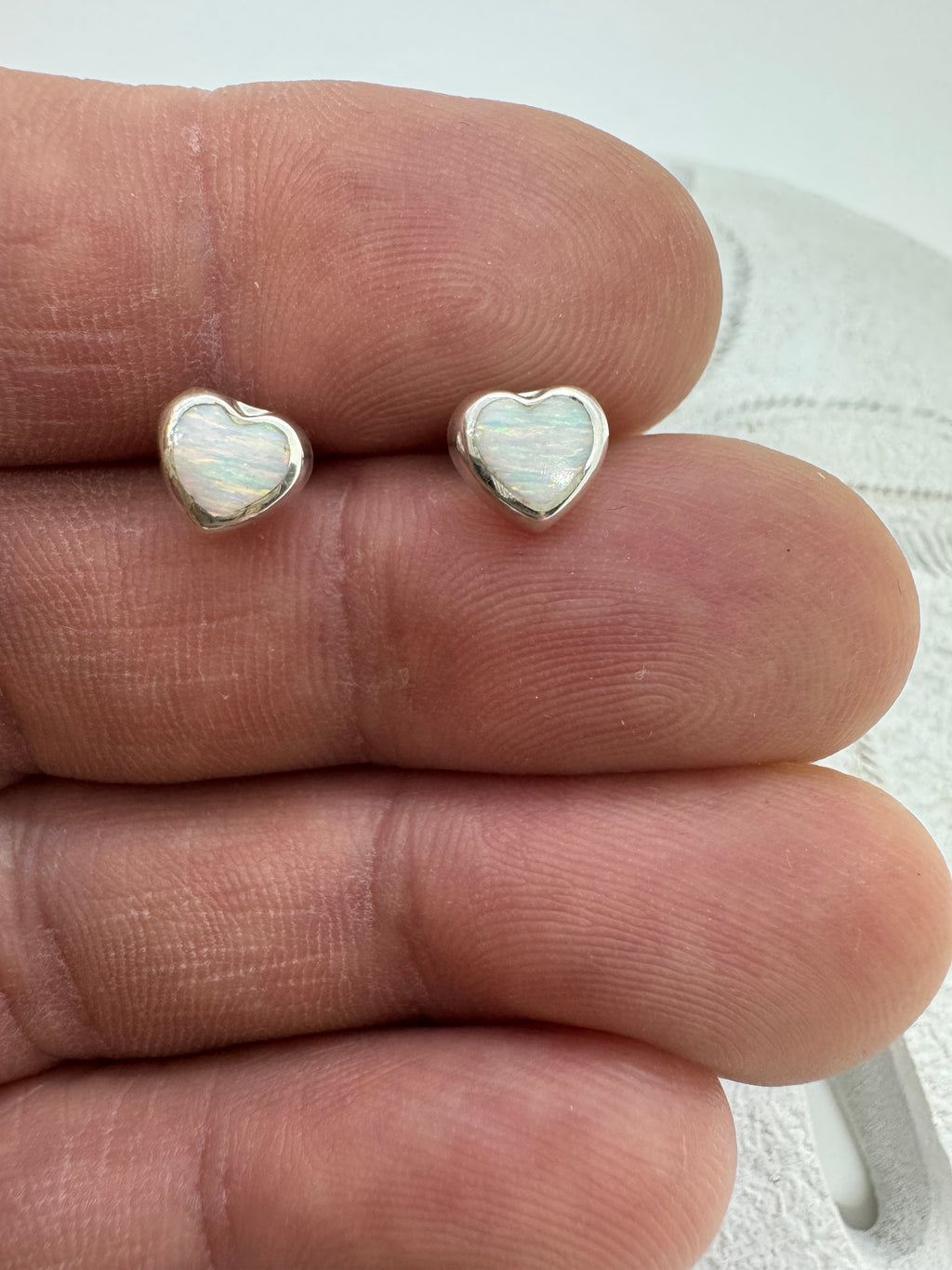 White fire opal heart post earrings
