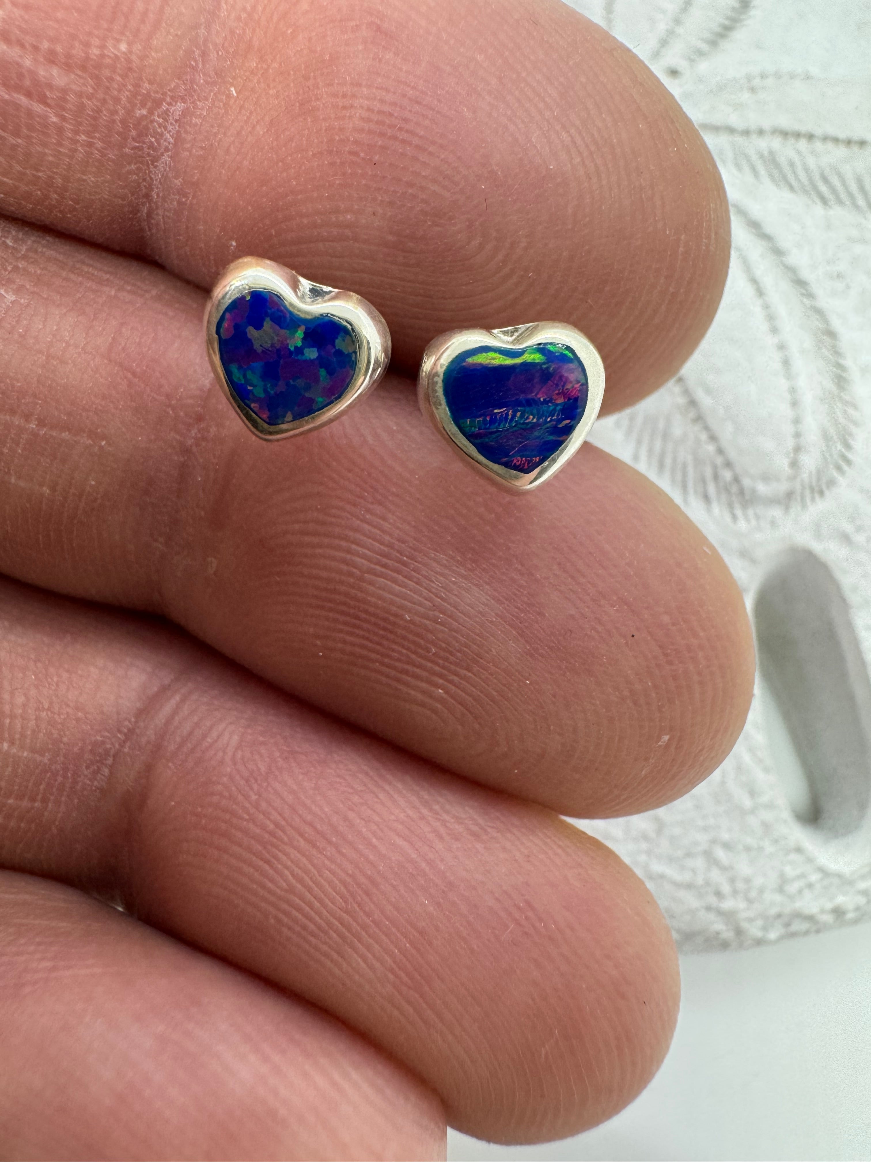 Blue fire opal heart post earrings