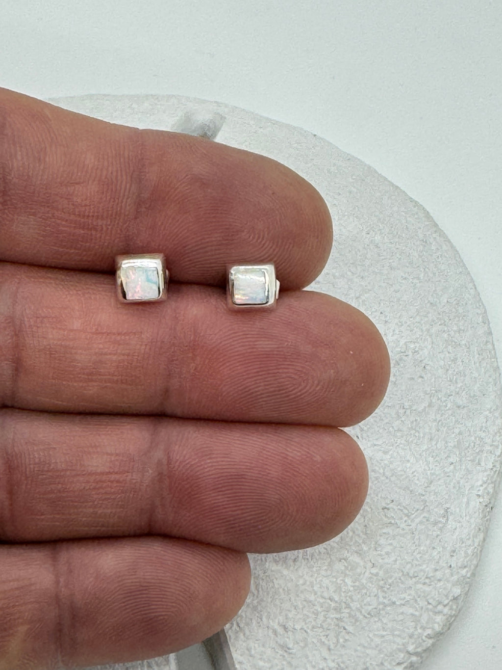 White fire opal square earrings