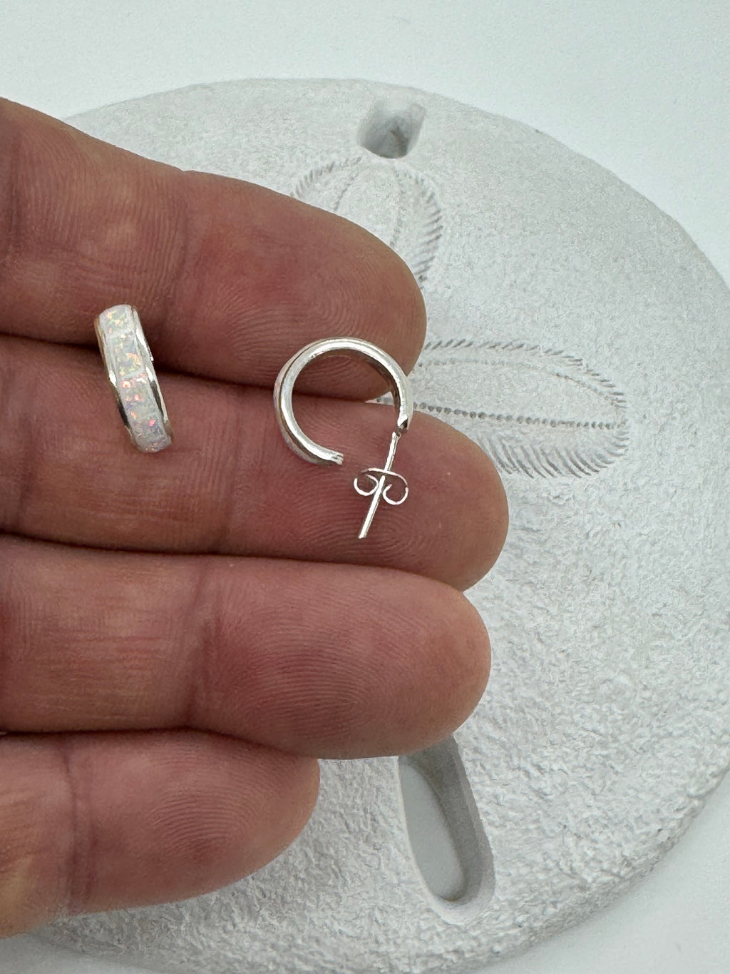 White fire opal post hoop earrings