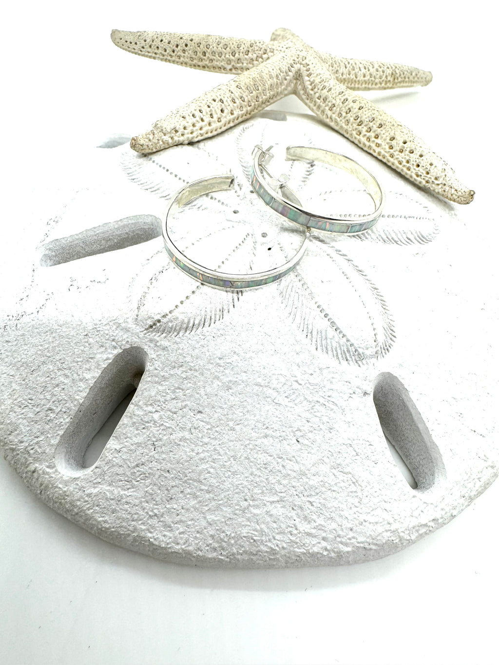 Opal hoop, post earrings