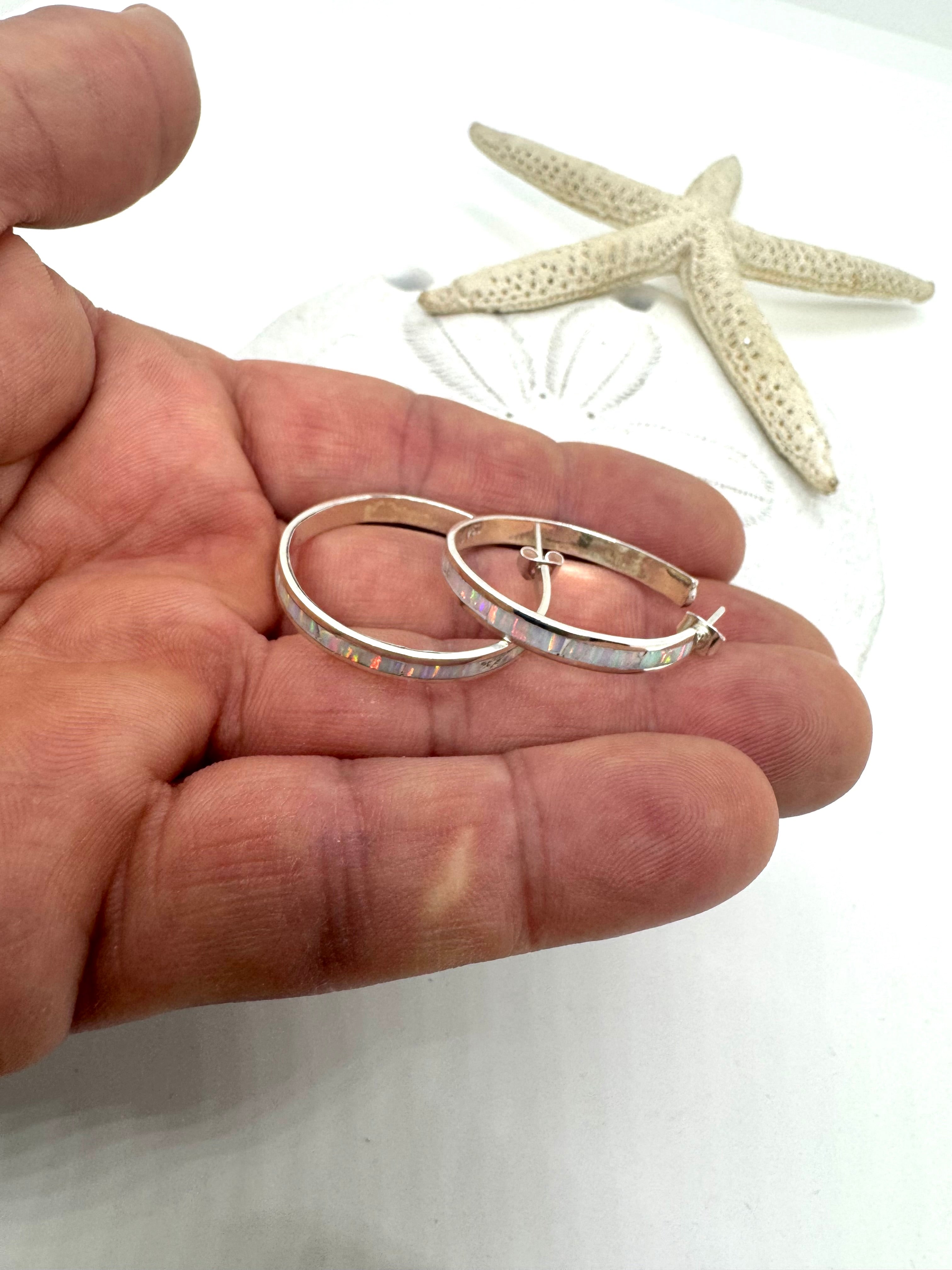 Opal hoop, post earrings